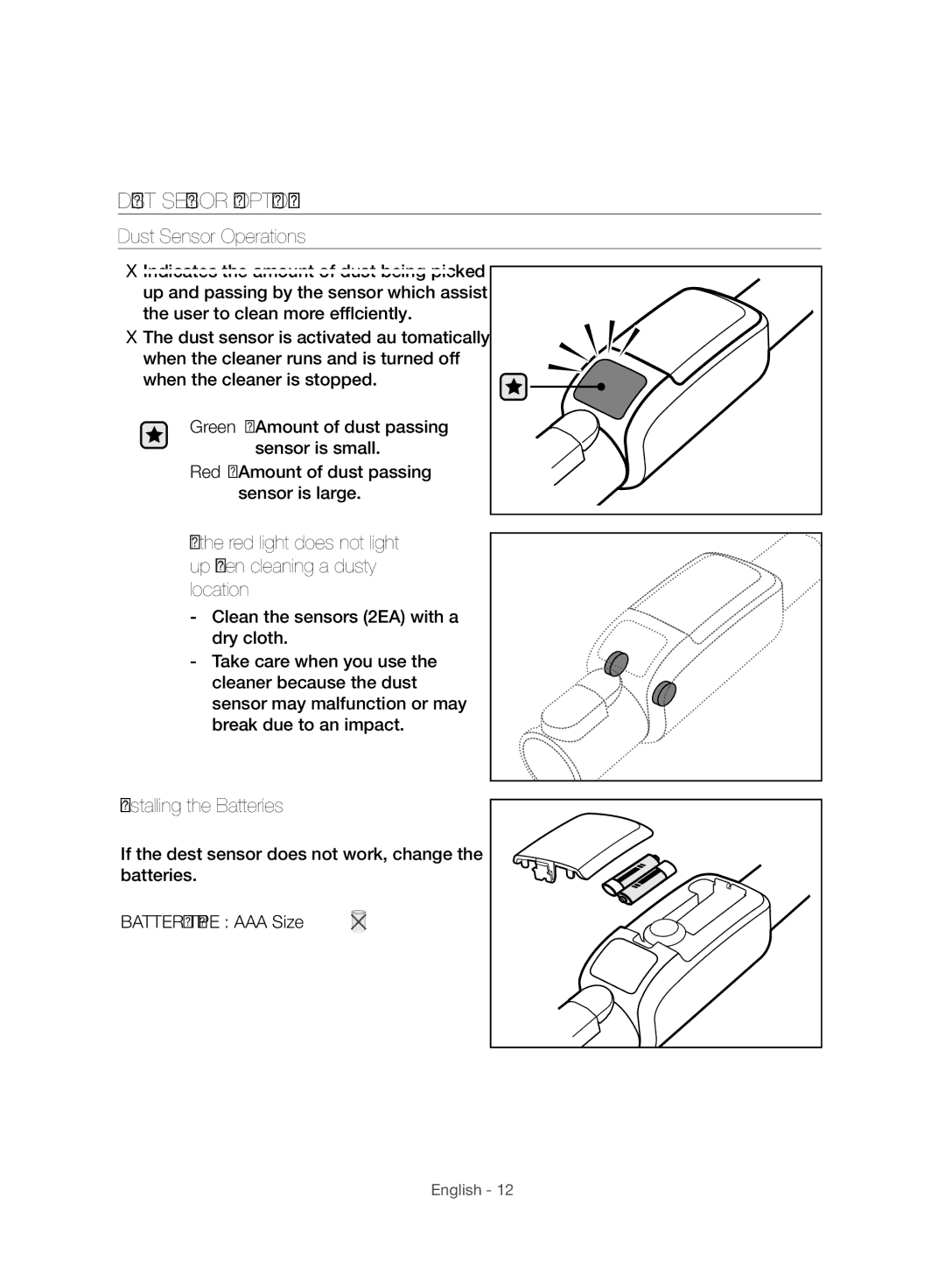 Samsung VC06H70F0HD/ET, VC06H70F0HD/GE, VC06H70F0HD/SB Dust Sensor Option, Dust Sensor Operations, Installing the Batteries 