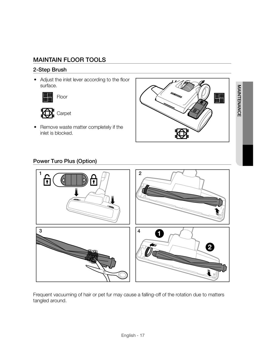 Samsung VC06H70F0HD/GE, VC06H70F0HD/ET, VC06H70F0HD/SB manual Maintain Floor Tools, Step Brush, Power Turo Plus Option 