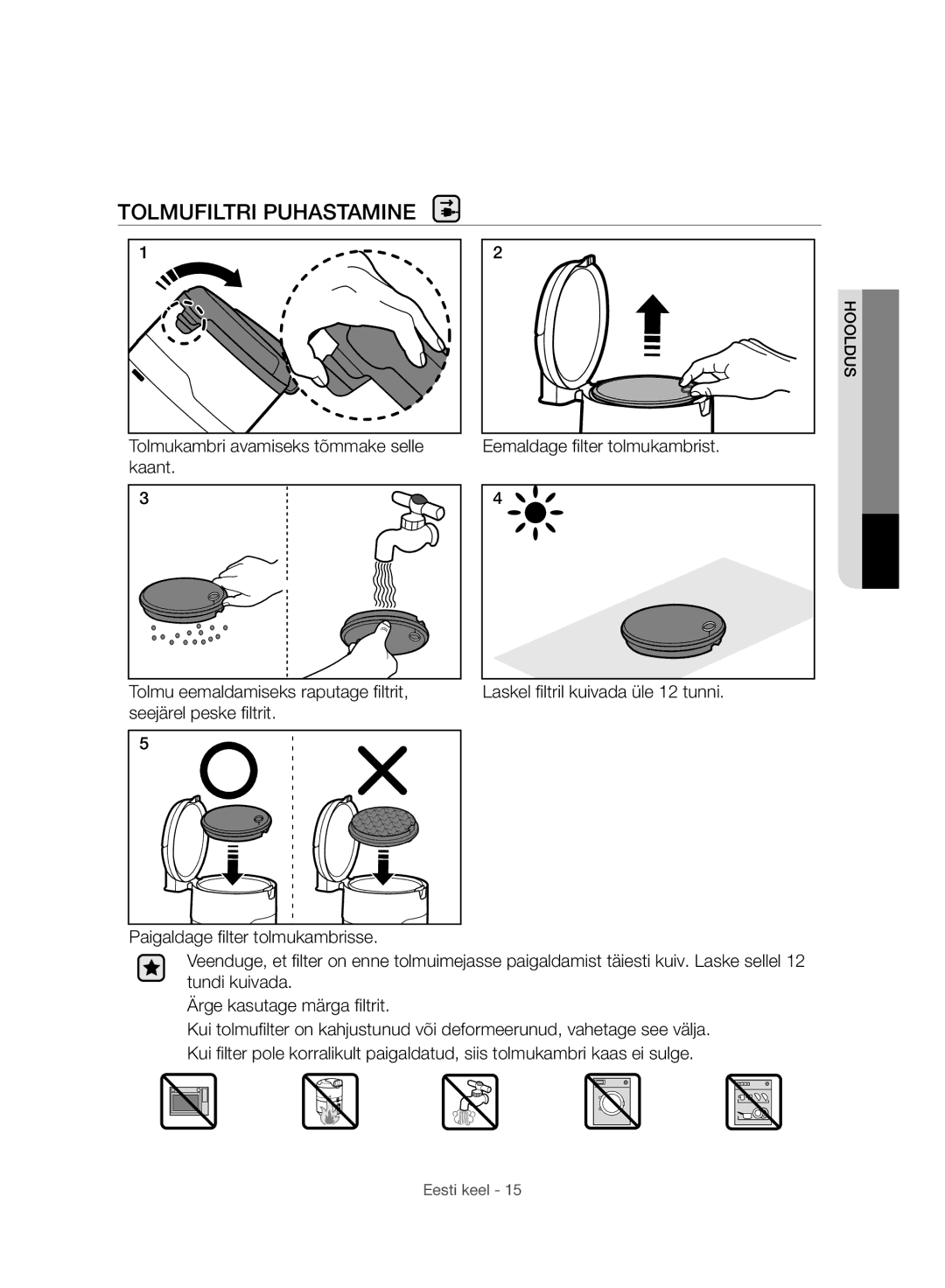 Samsung VC06H70F0HD/EN, VC06H70F0HD/ET, VC06H70F0HD/GE, VC06H70F0HD/SB manual Tolmufiltri Puhastamine 