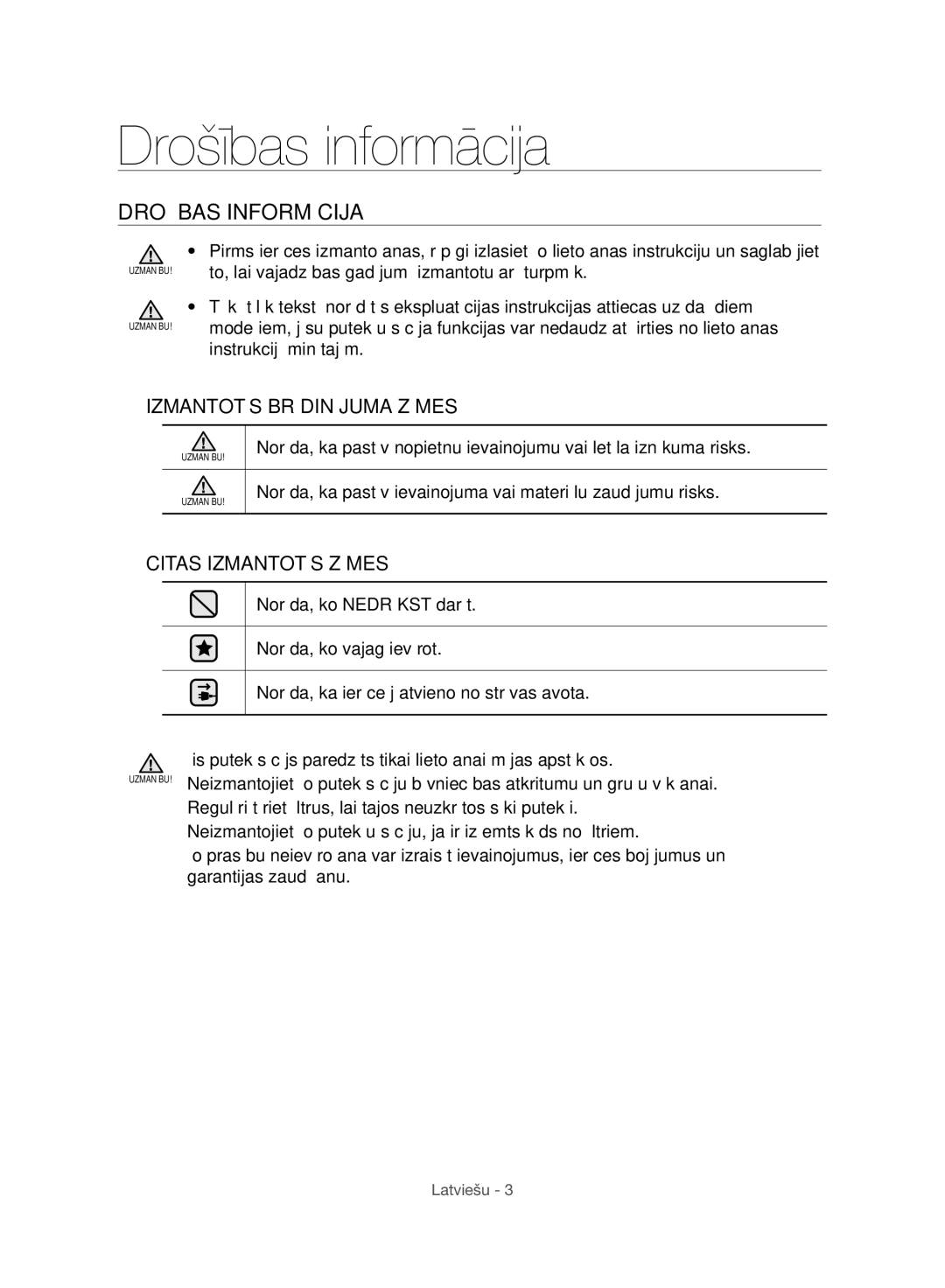 Samsung VC06H70F0HD/EN, VC06H70F0HD/ET, VC06H70F0HD/GE, VC06H70F0HD/SB manual Drošības informācija, Drošības Informācija 