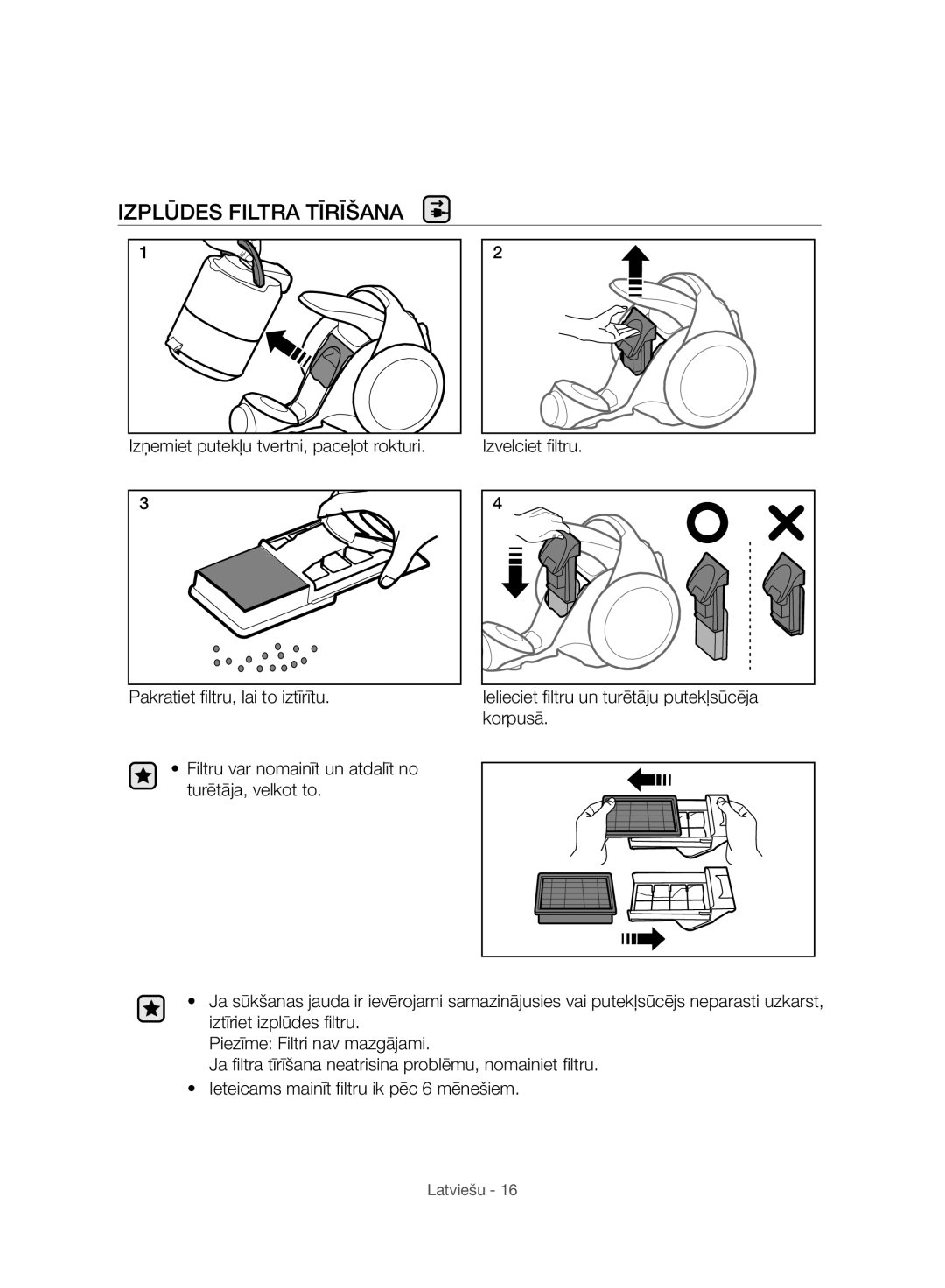 Samsung VC06H70F0HD/ET, VC06H70F0HD/GE, VC06H70F0HD/SB, VC06H70F0HD/EN manual Izplūdes Filtra Tīrīšana 