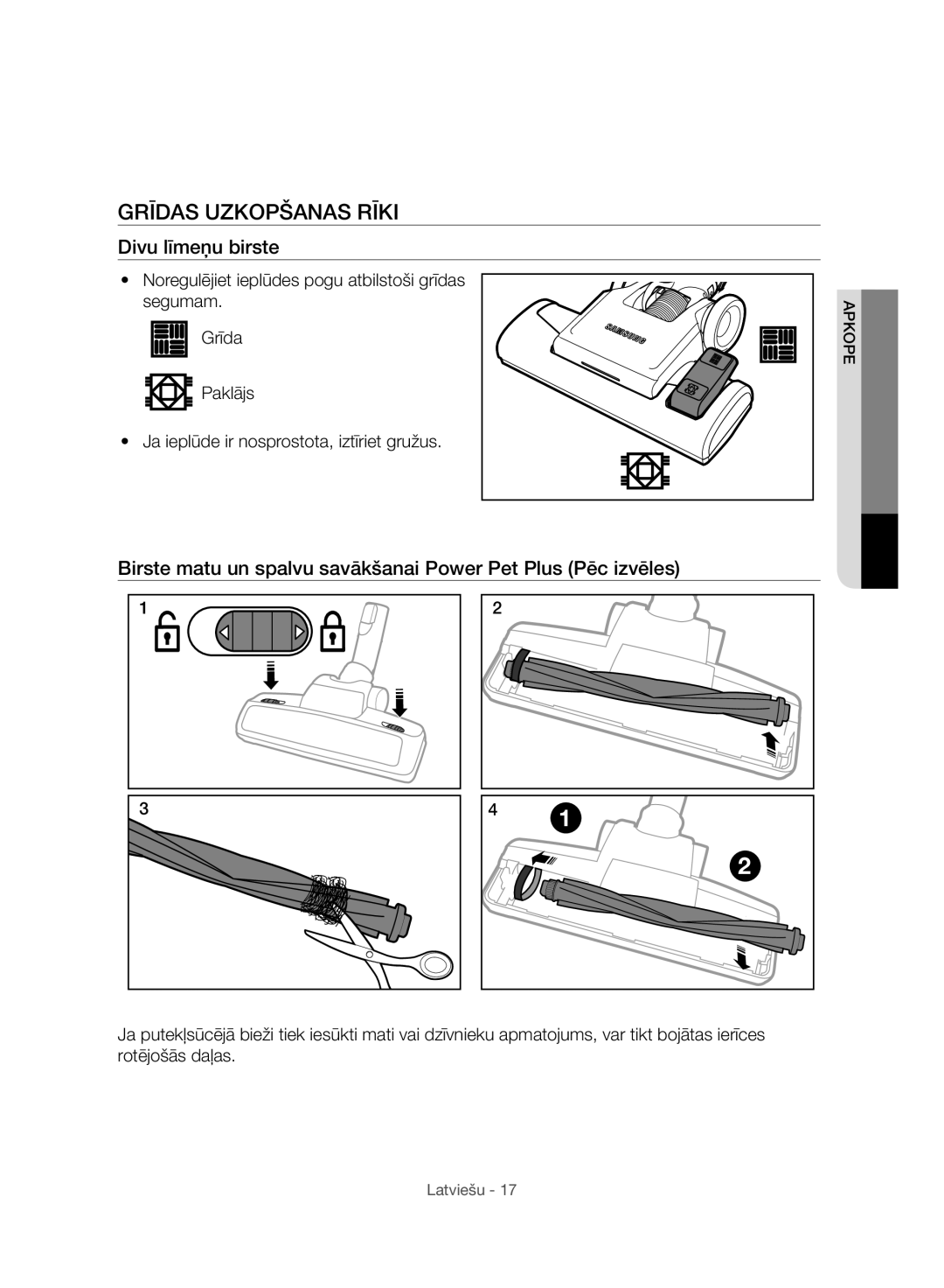 Samsung VC06H70F0HD/GE, VC06H70F0HD/ET, VC06H70F0HD/SB, VC06H70F0HD/EN manual Grīdas Uzkopšanas Rīki, Divu līmeņu birste 