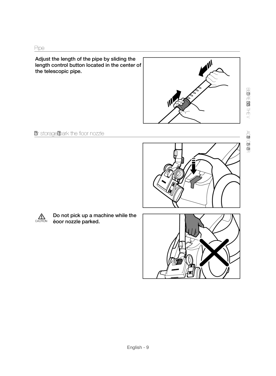 Samsung VC06H70F0HD/GE, VC06H70F0HD/ET, VC06H70F0HD/SB, VC06H70F0HD/EN manual Pipe, For storage, park the floor nozzle 