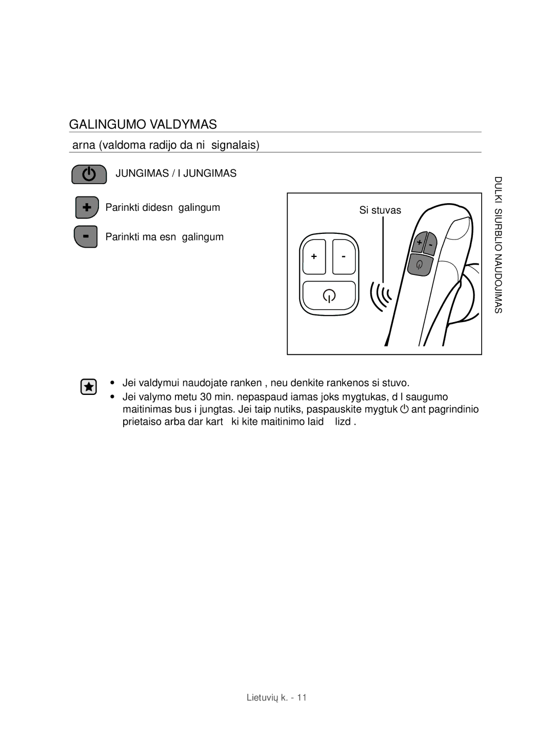 Samsung VC06H70F0HD/EN, VC06H70F0HD/ET, VC06H70F0HD/GE manual Galingumo Valdymas, Žarna valdoma radijo dažnių signalais 