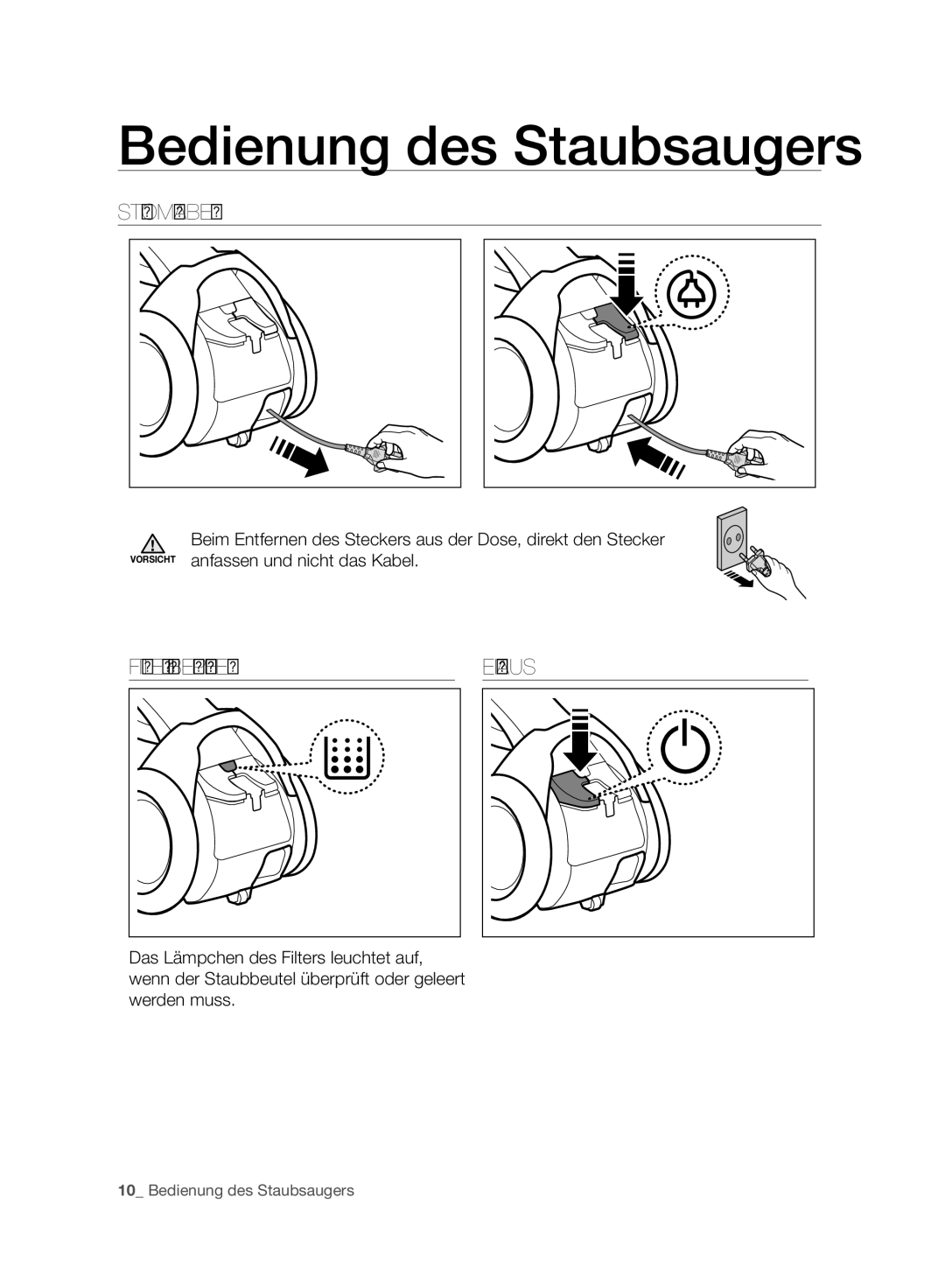 Samsung VC06H70F0HD/SB, VC06H70F0HD/ET, VC06H70F0HD/GE Bedienung des Staubsaugers, Stromkabel, Filter Überprüfen EIN/AUS 