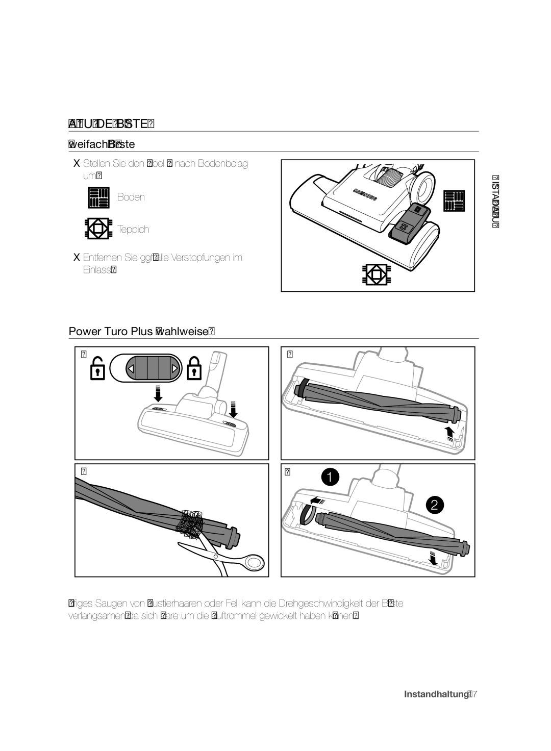 Samsung VC06H70F0HD/GE, VC06H70F0HD/ET, VC06H70F0HD/SB manual Wartung DER Bürsten, Zweifach-Bürste, Power Turo Plus wahlweise 