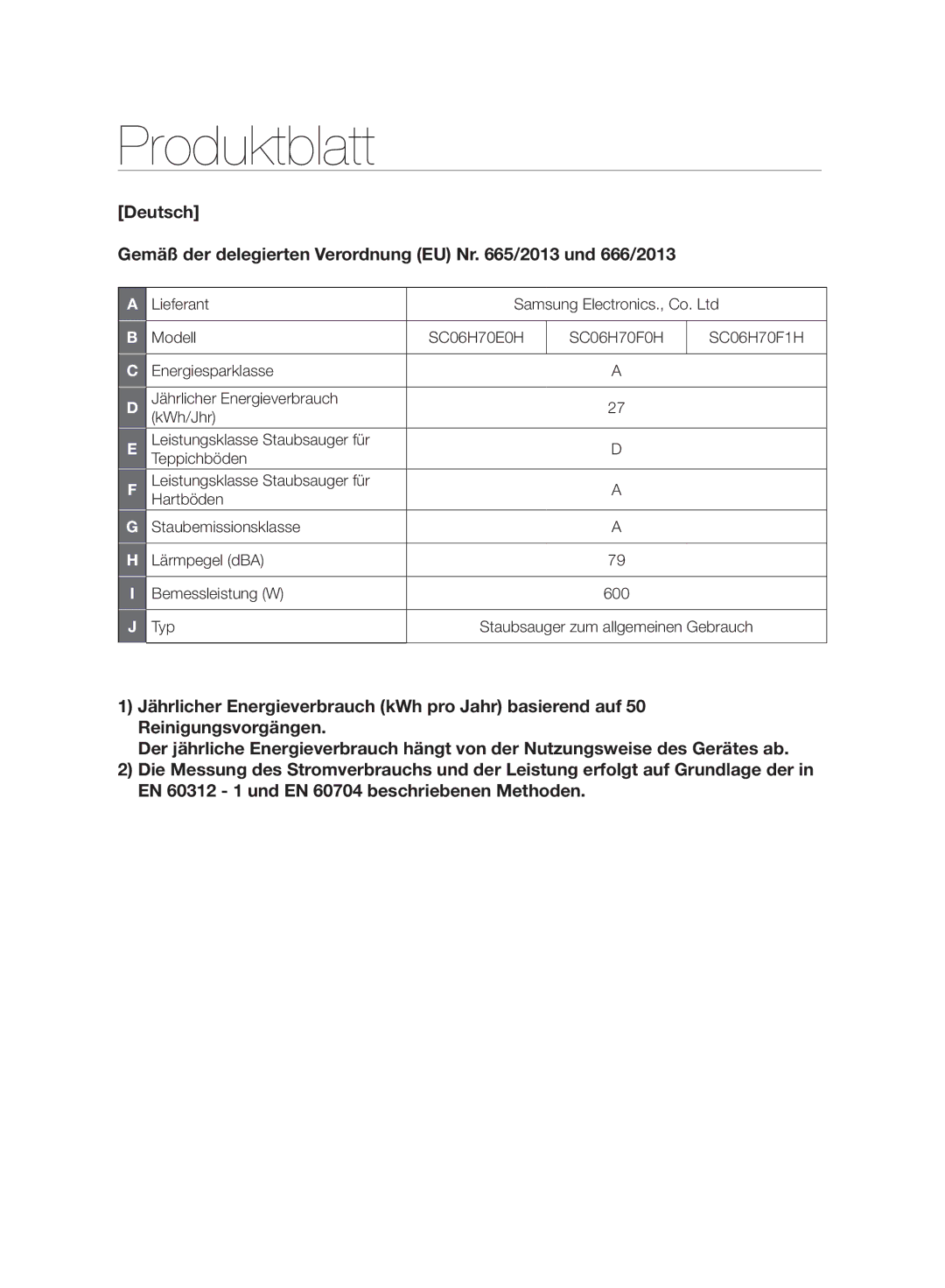 Samsung VC06H70F0HD/EN, VC06H70F0HD/ET, VC06H70F0HD/GE, VC06H70F0HD/SB manual Produktblatt 