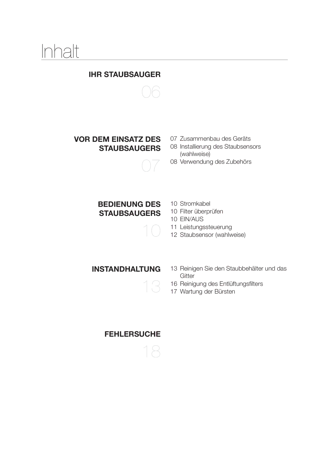 Samsung VC06H70F0HD/SB, VC06H70F0HD/ET, VC06H70F0HD/GE, VC06H70F0HD/EN manual Inhalt, Staubsaugers 