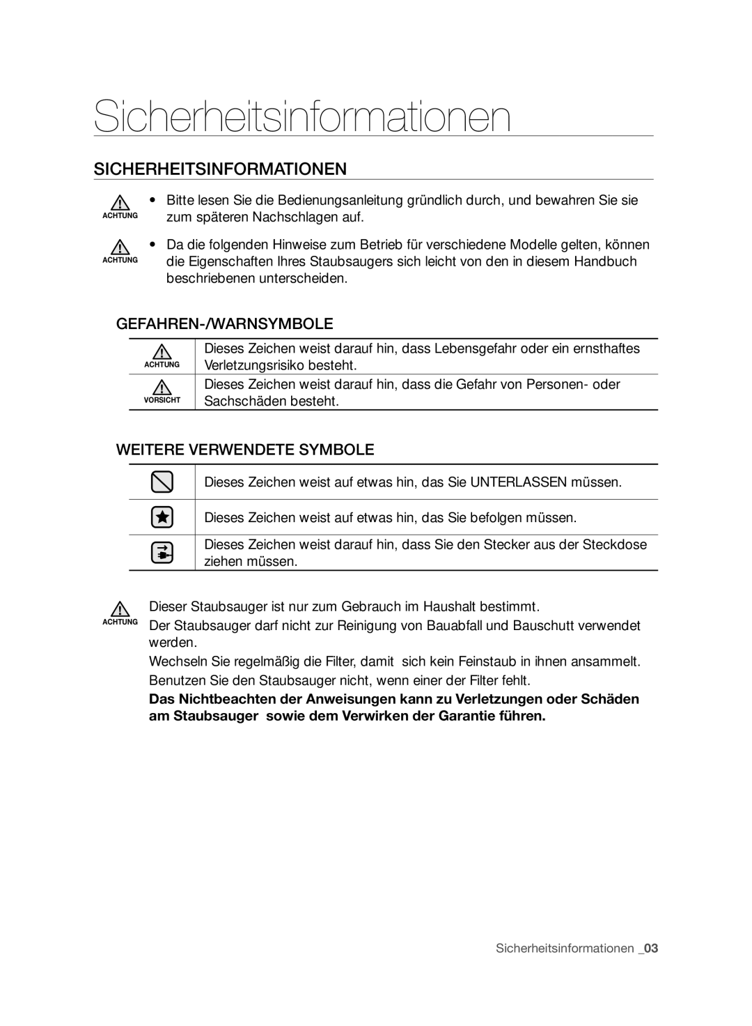 Samsung VC06H70F0HD/EN, VC06H70F0HD/ET, VC06H70F0HD/GE, VC06H70F0HD/SB manual Sicherheitsinformationen 