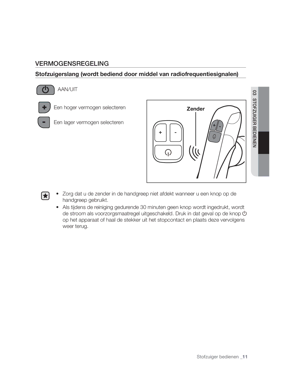 Samsung VC06H70F0HD/EN, VC06H70F0HD/ET, VC06H70F0HD/GE, VC06H70F0HD/SB manual Vermogensregeling, Zender 