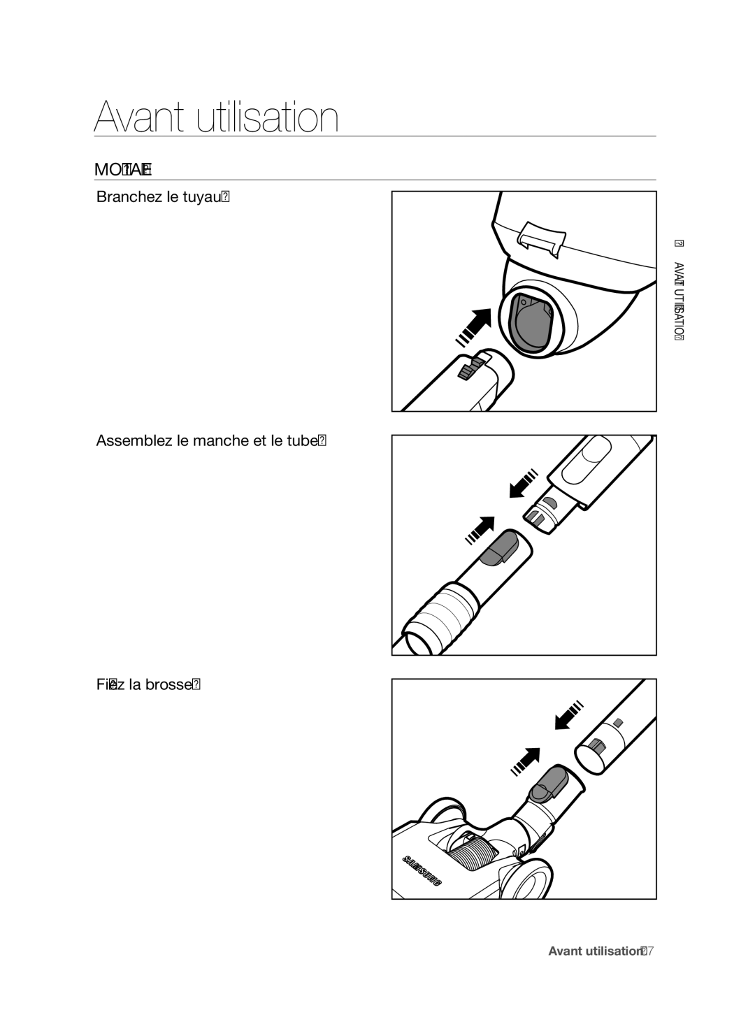 Samsung VC06H70F0HD/EN, VC06H70F0HD/ET, VC06H70F0HD/GE, VC06H70F0HD/SB manual Avant utilisation, Montage 