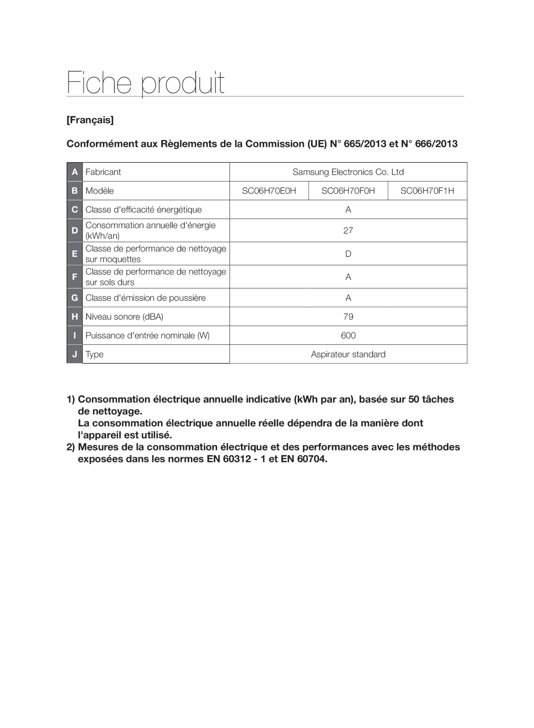 Samsung VC06H70F0HD/EN, VC06H70F0HD/ET, VC06H70F0HD/GE, VC06H70F0HD/SB manual Fiche produit 