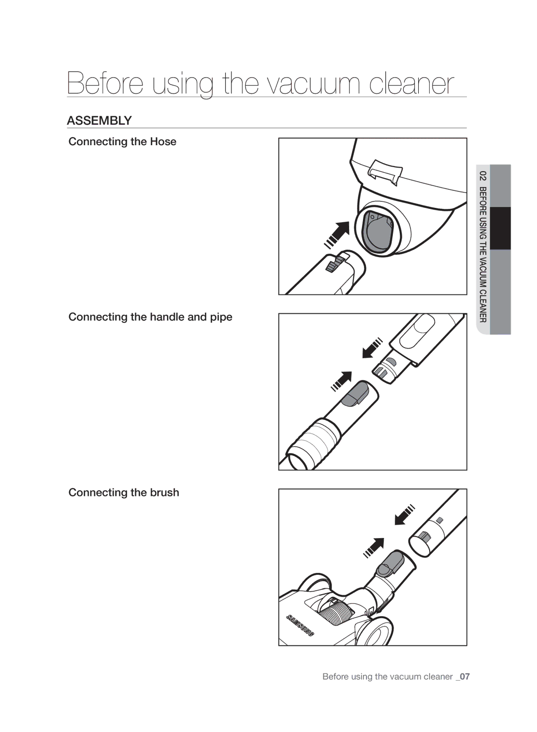 Samsung VC06H70F0HD/EN, VC06H70F0HD/ET, VC06H70F0HD/GE, VC06H70F0HD/SB manual Before using the vacuum cleaner, Assembly 