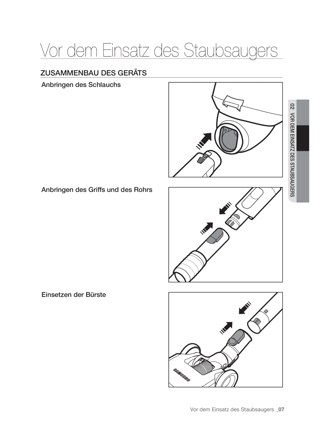 Samsung VC06H70F0HD/EN, VC06H70F0HD/ET, VC06H70F0HD/GE manual Vor dem Einsatz des Staubsaugers, Zusammenbau DES Geräts 