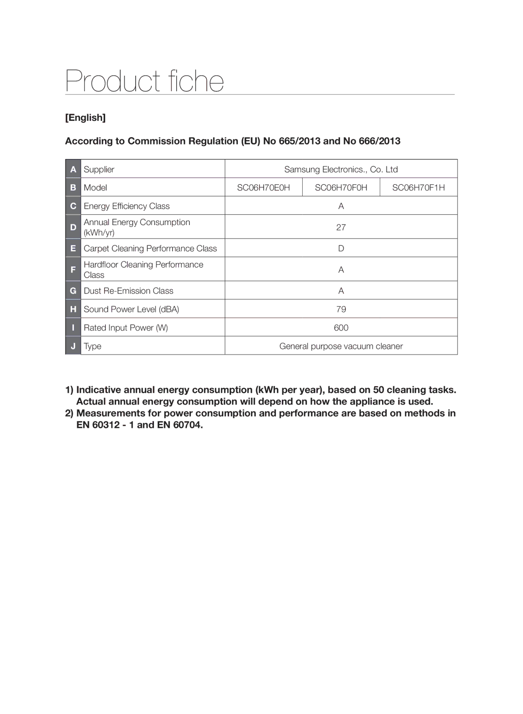 Samsung VC06H70F0HD/EN, VC06H70F0HD/ET, VC06H70F0HD/GE, VC06H70F0HD/SB manual Product fiche 