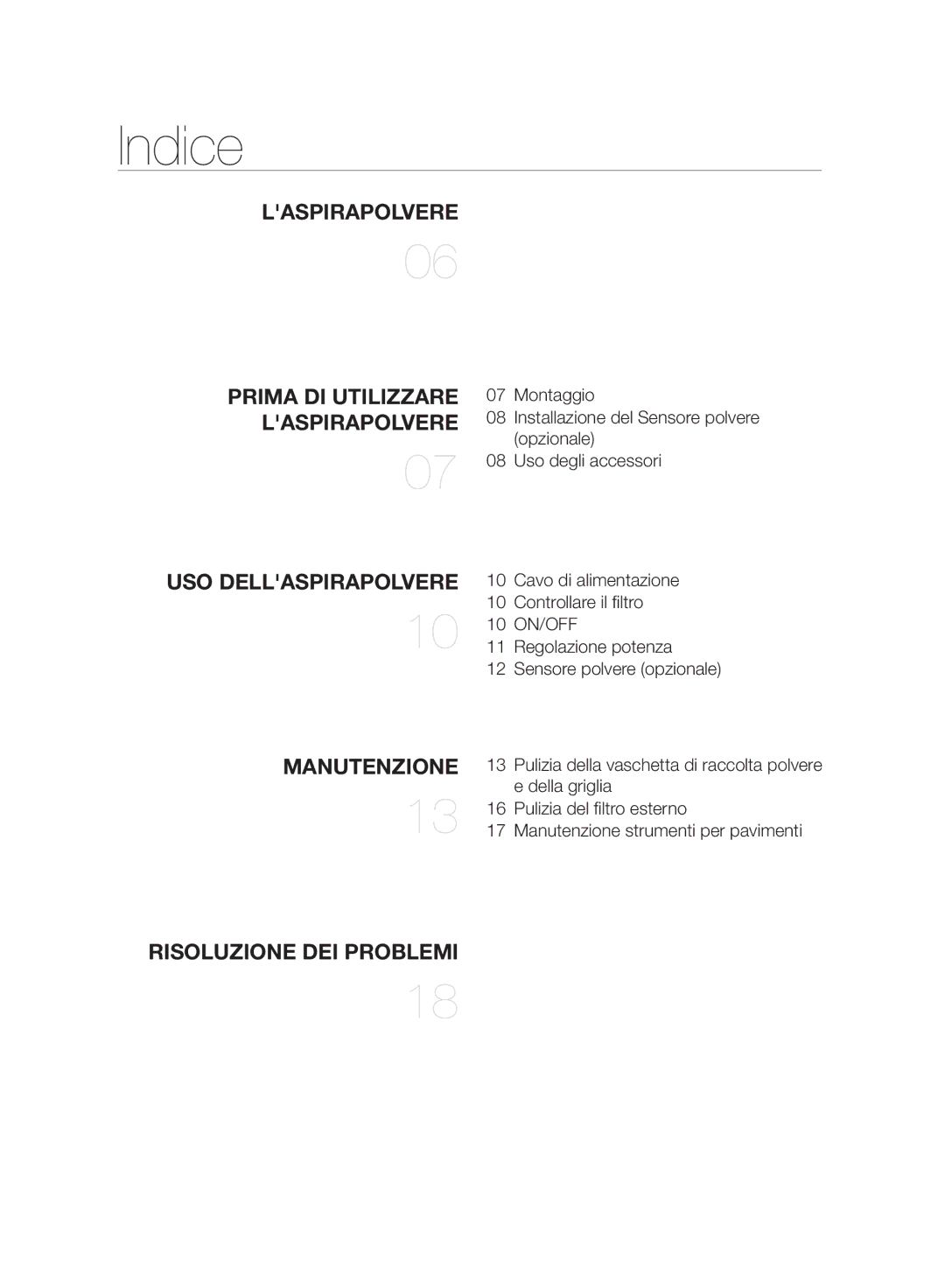 Samsung VC06H70F0HD/ET manual Indice, Laspirapolvere 