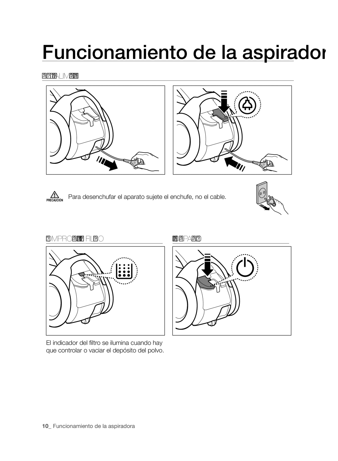 Samsung VC06H70F0HD/ET Funcionamiento de la aspiradora, Cable DE Alimentación, Comprobación DEL Filtro ENCENDIDO/APAGADO 