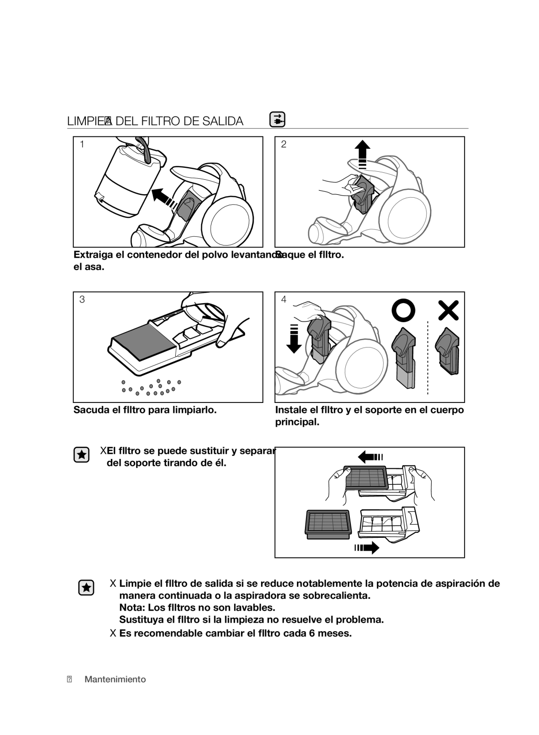 Samsung VC06H70F0HD/ET manual Limpieza DEL Filtro DE Salida 