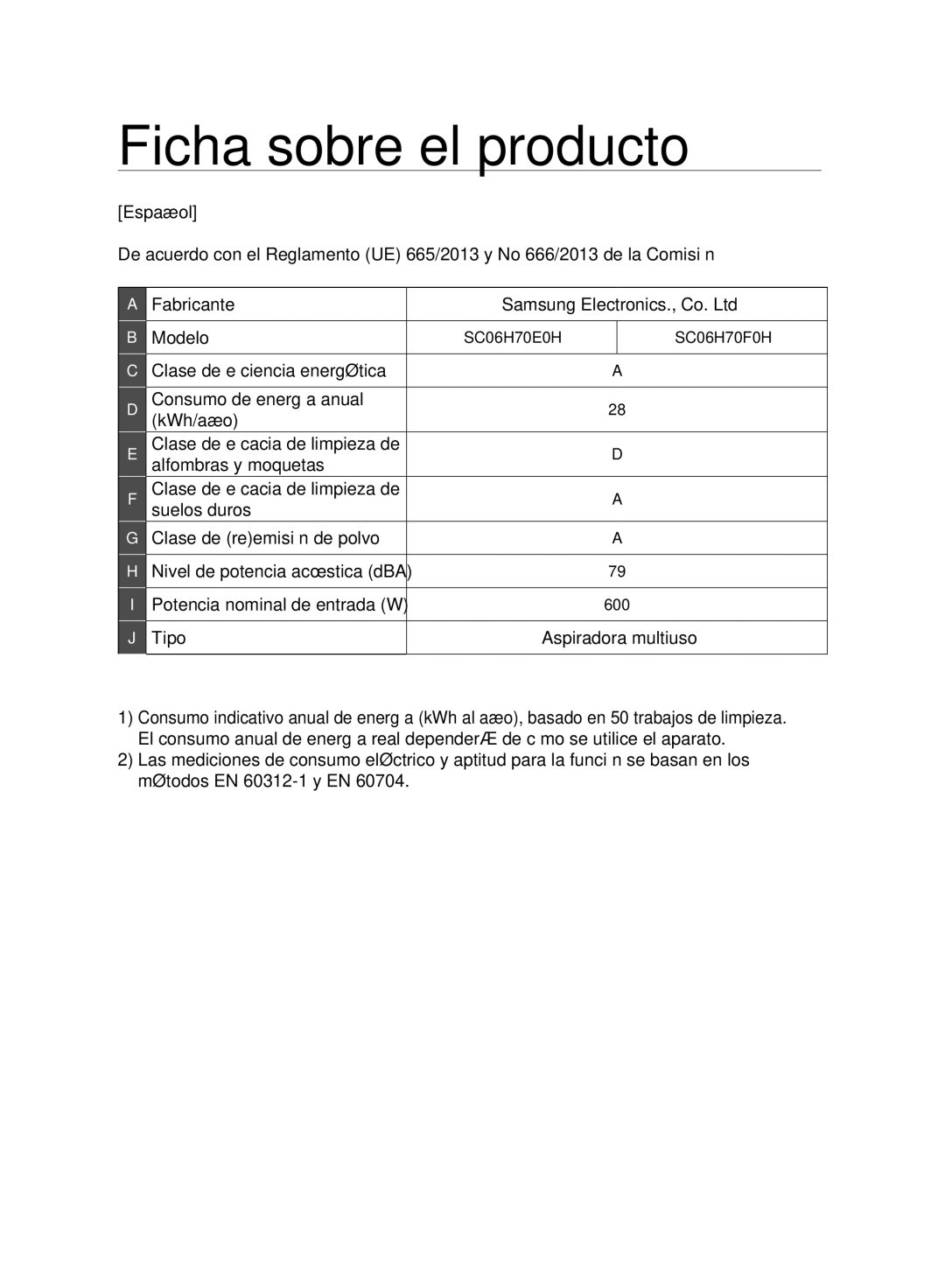 Samsung VC06H70F0HD/ET manual Ficha sobre el producto, Suelos duros 