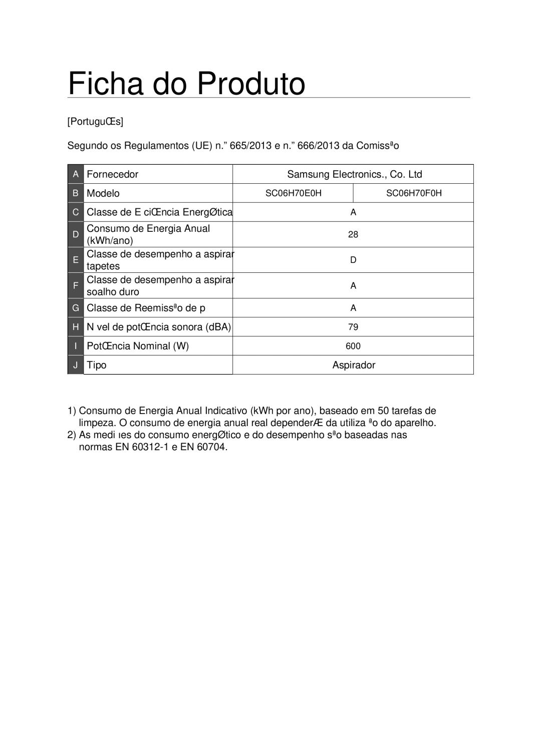 Samsung VC06H70F0HD/ET manual Ficha do Produto 