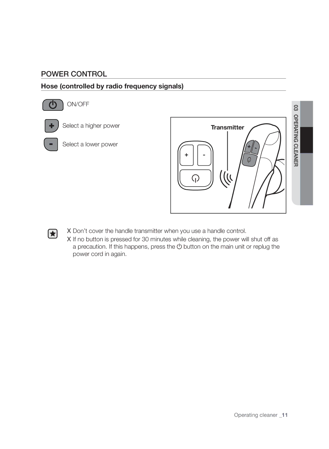 Samsung VC06H70F0HD/GE manual Power Control, Hose controlled by radio frequency signals, Transmitter 