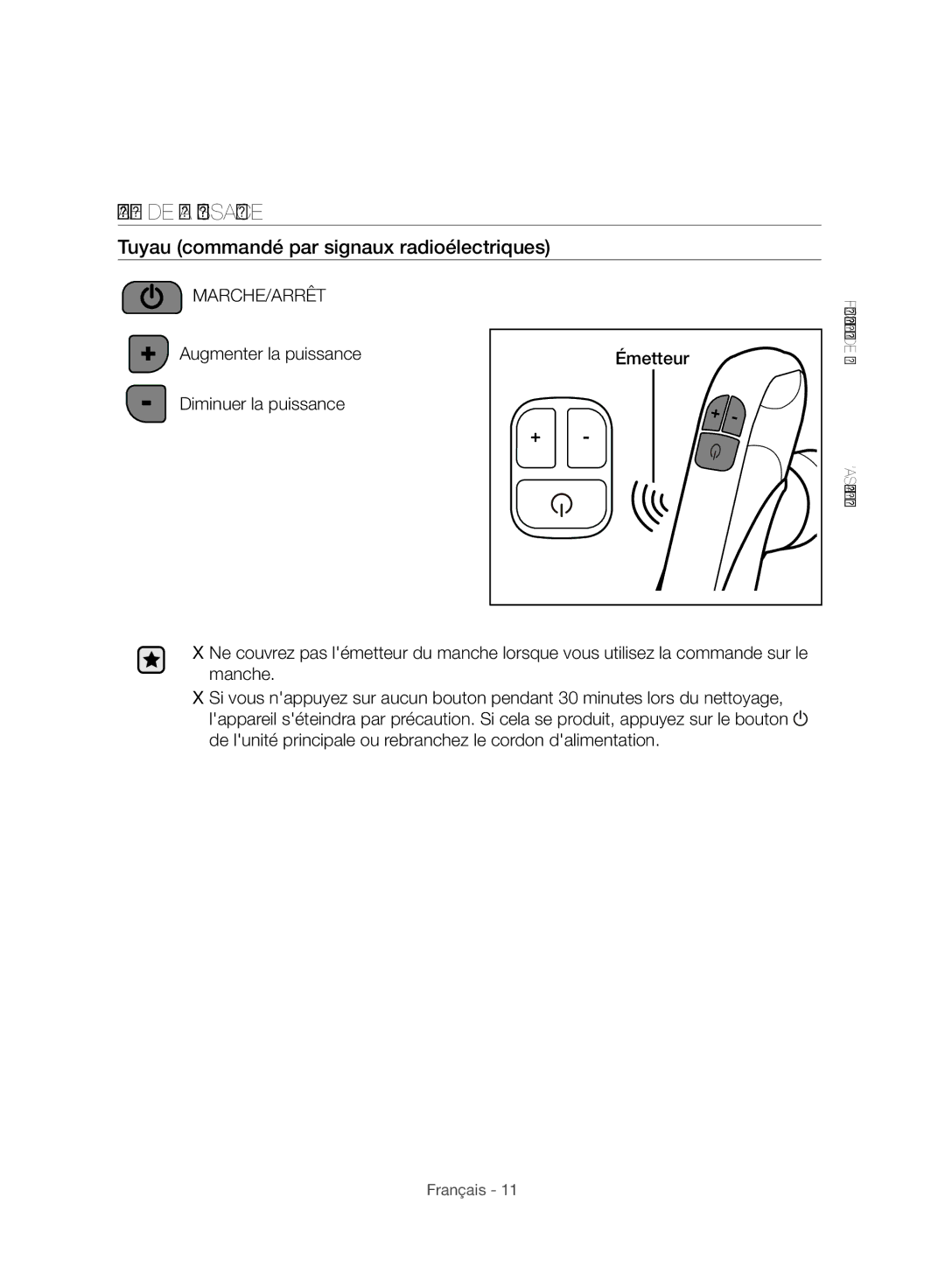 Samsung VC06H70F1HC/EF manual Réglage DE LA Puissance, Tuyau commandé par signaux radioélectriques 