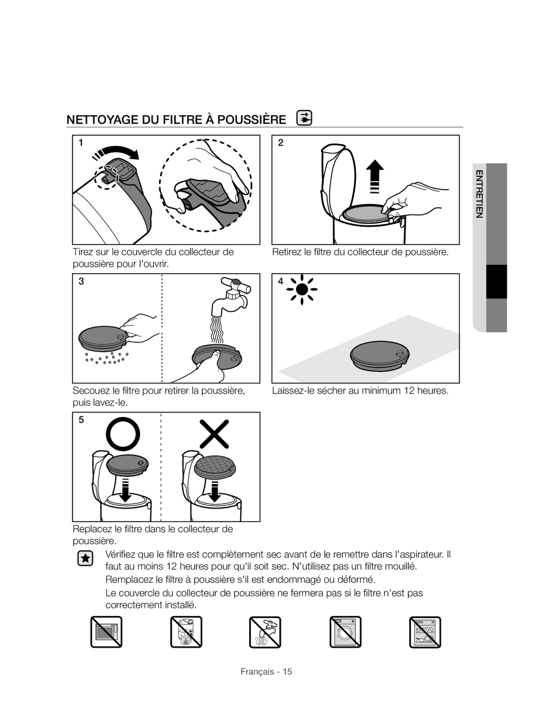 Samsung VC06H70F1HC/EF manual Nettoyage DU Filtre À Poussière 