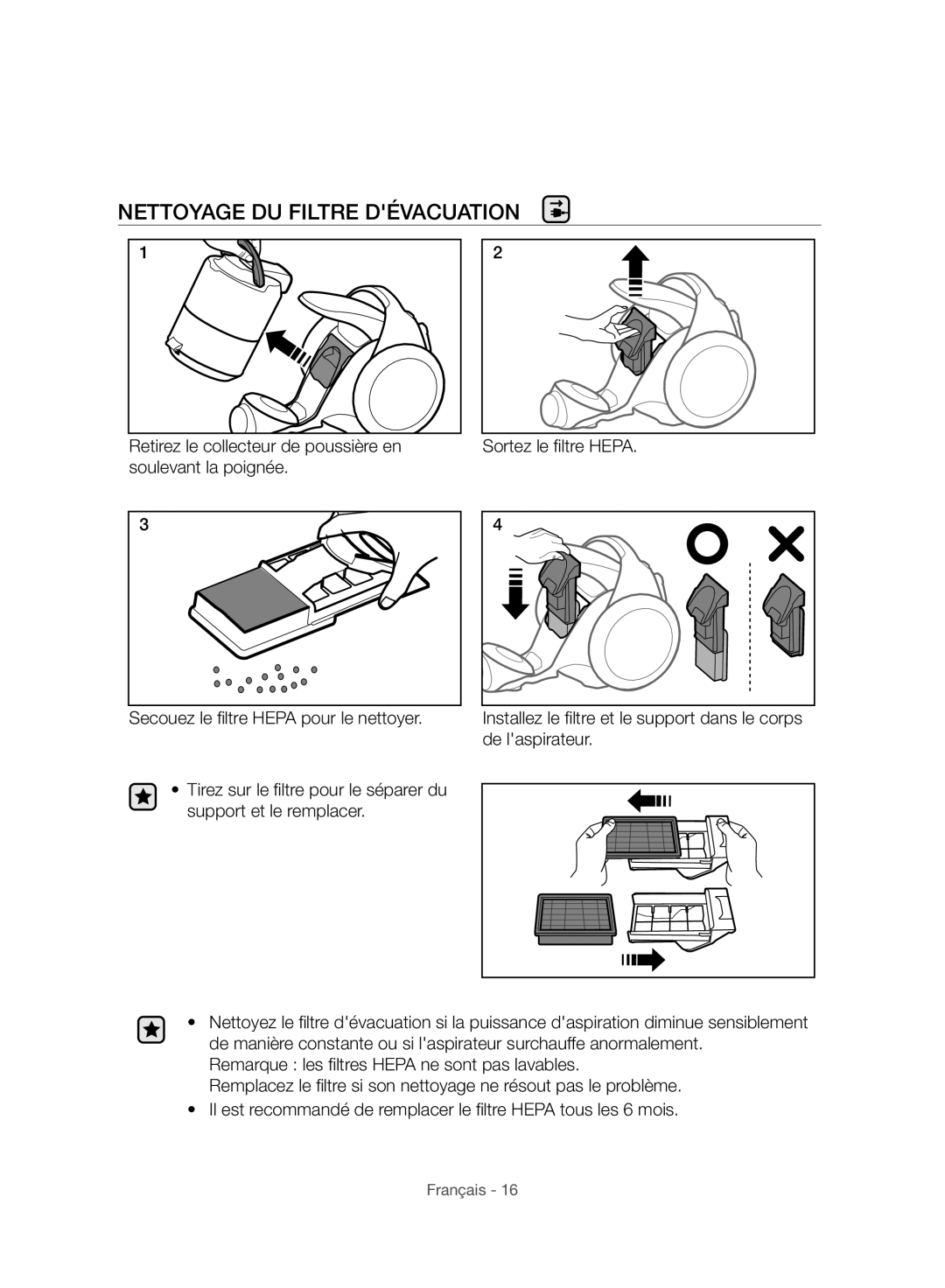 Samsung VC06H70F1HC/EF manual Nettoyage DU Filtre Dévacuation 