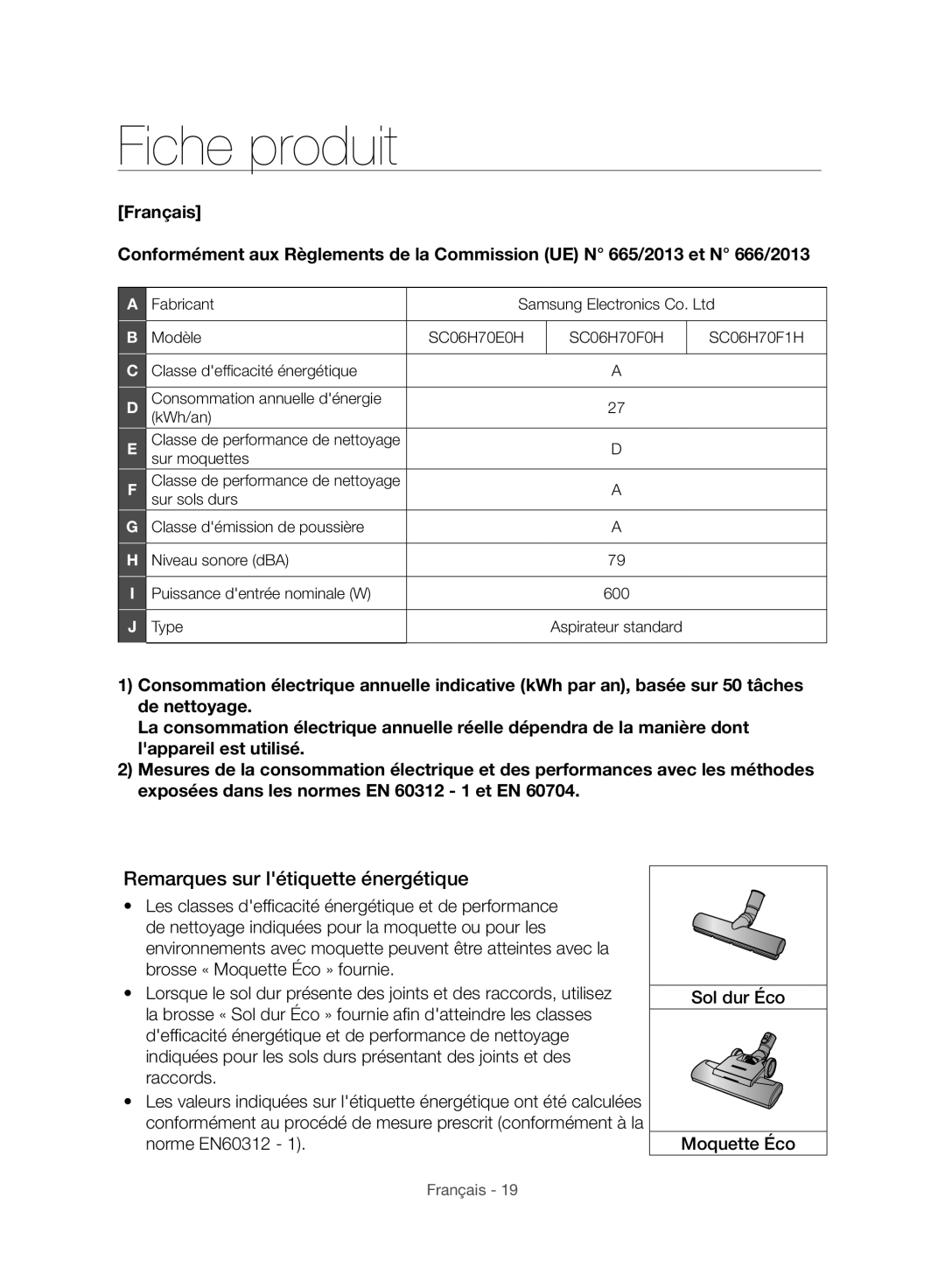 Samsung VC06H70F1HC/EF manual Fiche produit, Remarques sur létiquette énergétique 