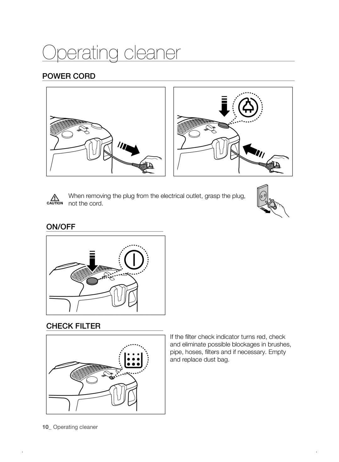 Samsung VC07F30WNHR/EE manual Operating cleaner, Power Cord, ON/OFF Check Filter 