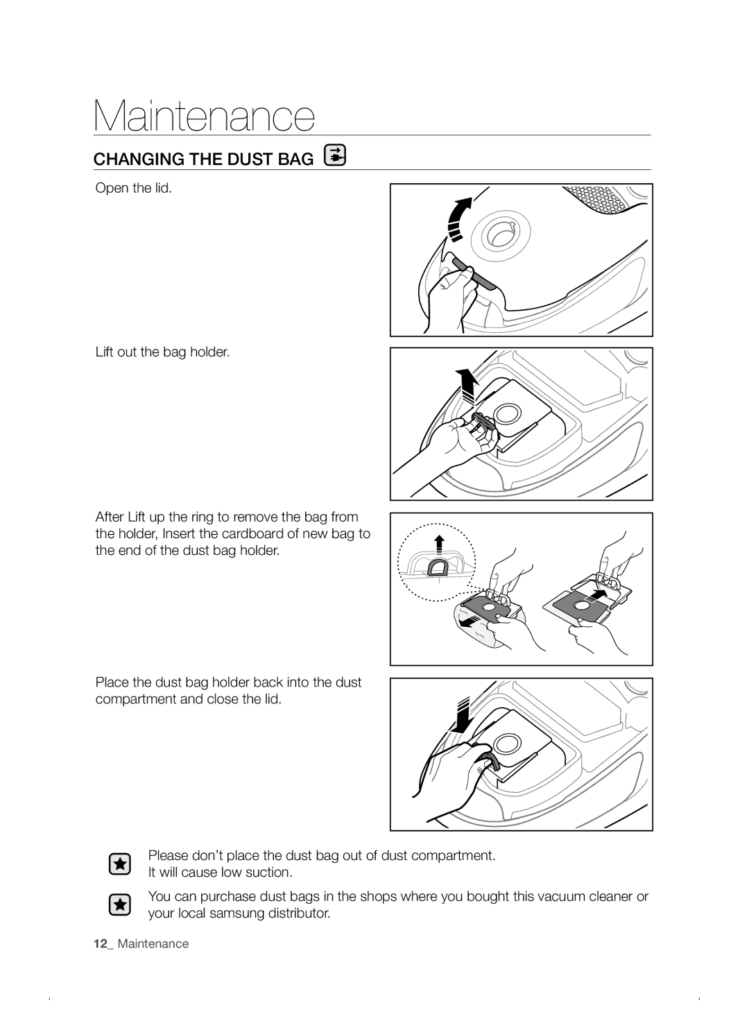 Samsung VC07F30WNHR/EE manual Maintenance, Changing the Dust BAG 