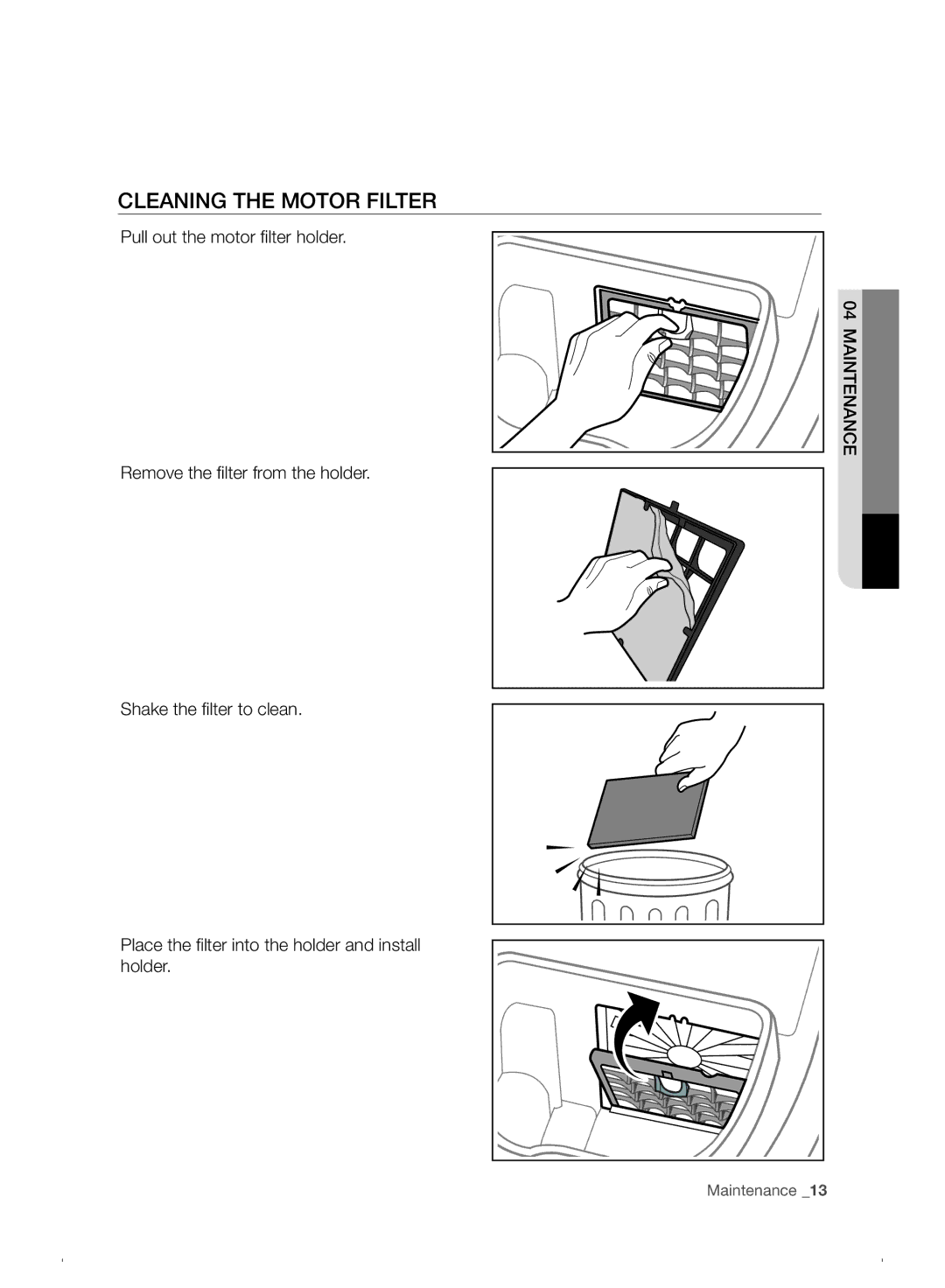 Samsung VC07F30WNHR/EE manual Cleaning the Motor Filter 