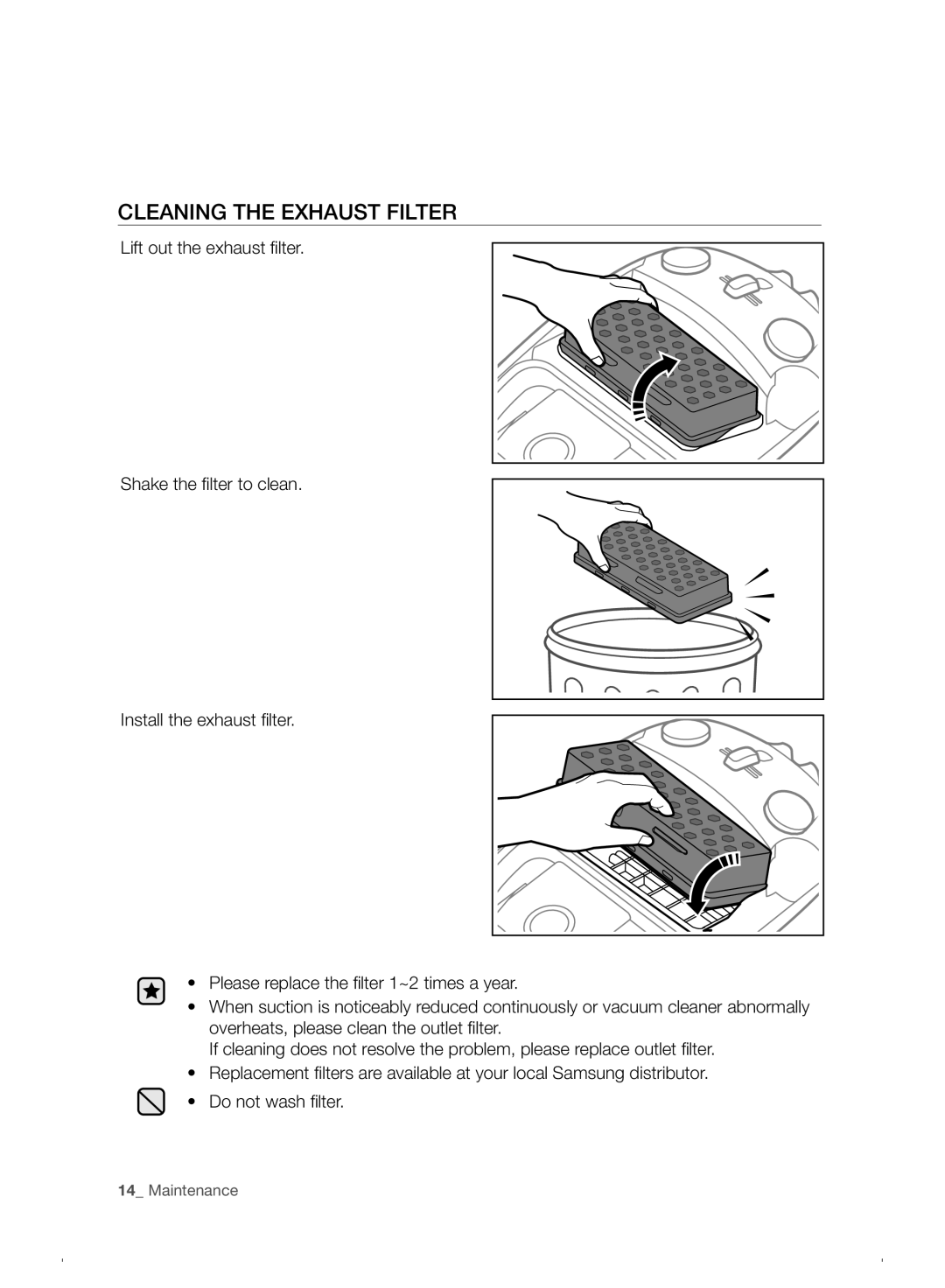 Samsung VC07F30WNHR/EE manual Cleaning the Exhaust Filter 