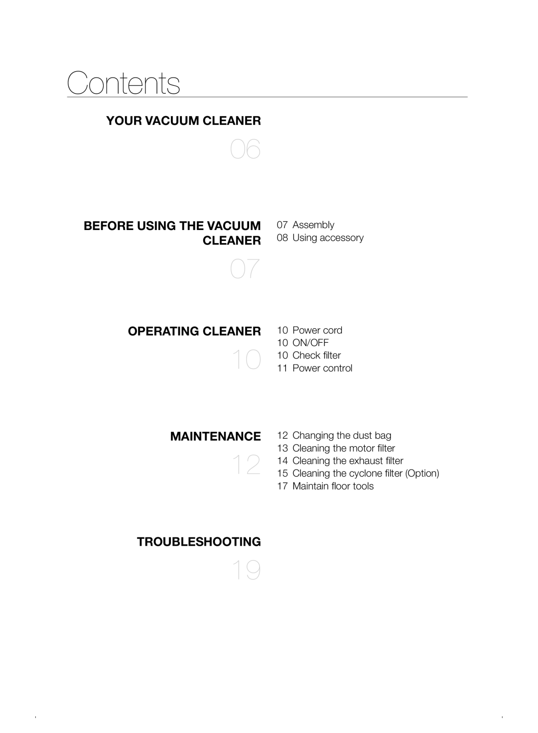 Samsung VC07F30WNHR/EE manual Contents 