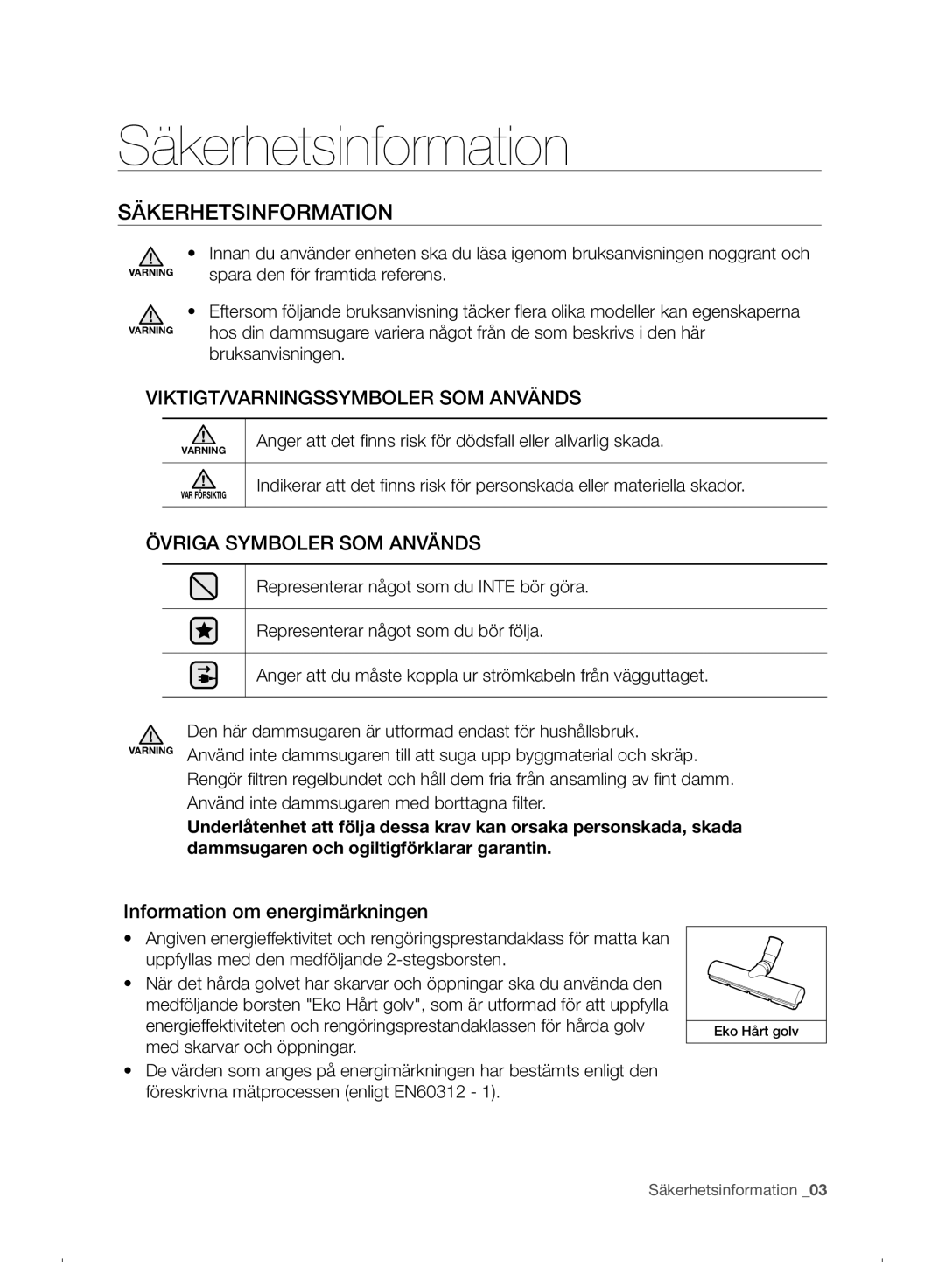 Samsung VC07F30WNHR/EE manual Säkerhetsinformation, Information om energimärkningen 