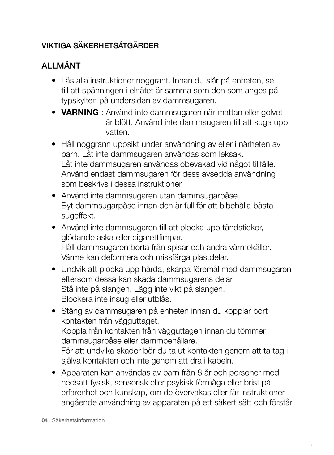 Samsung VC07F30WNHR/EE manual Allmänt, Viktiga Säkerhetsåtgärder 