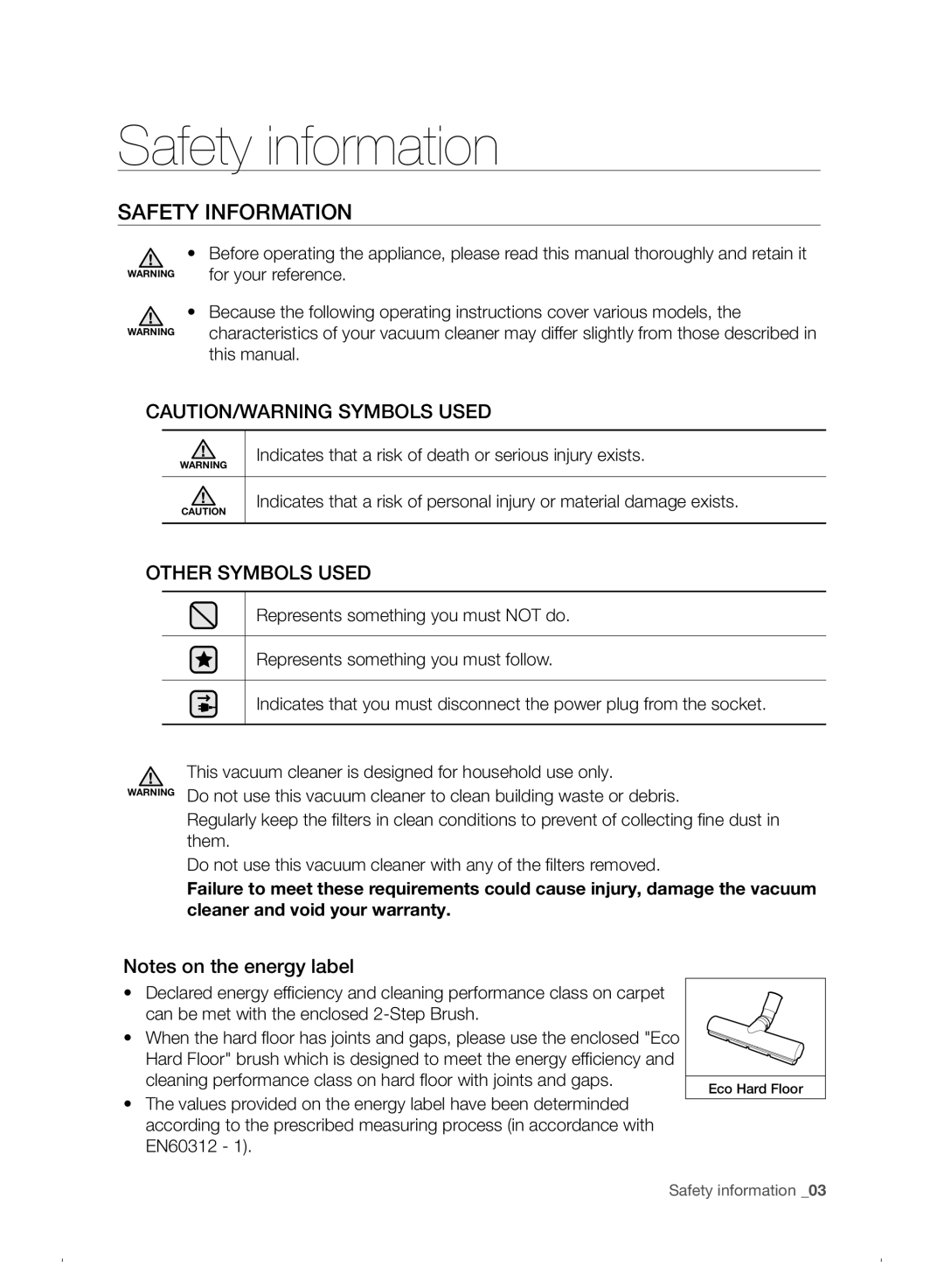 Samsung VC07F30WNHR/EE manual Safety information, Safety Information 