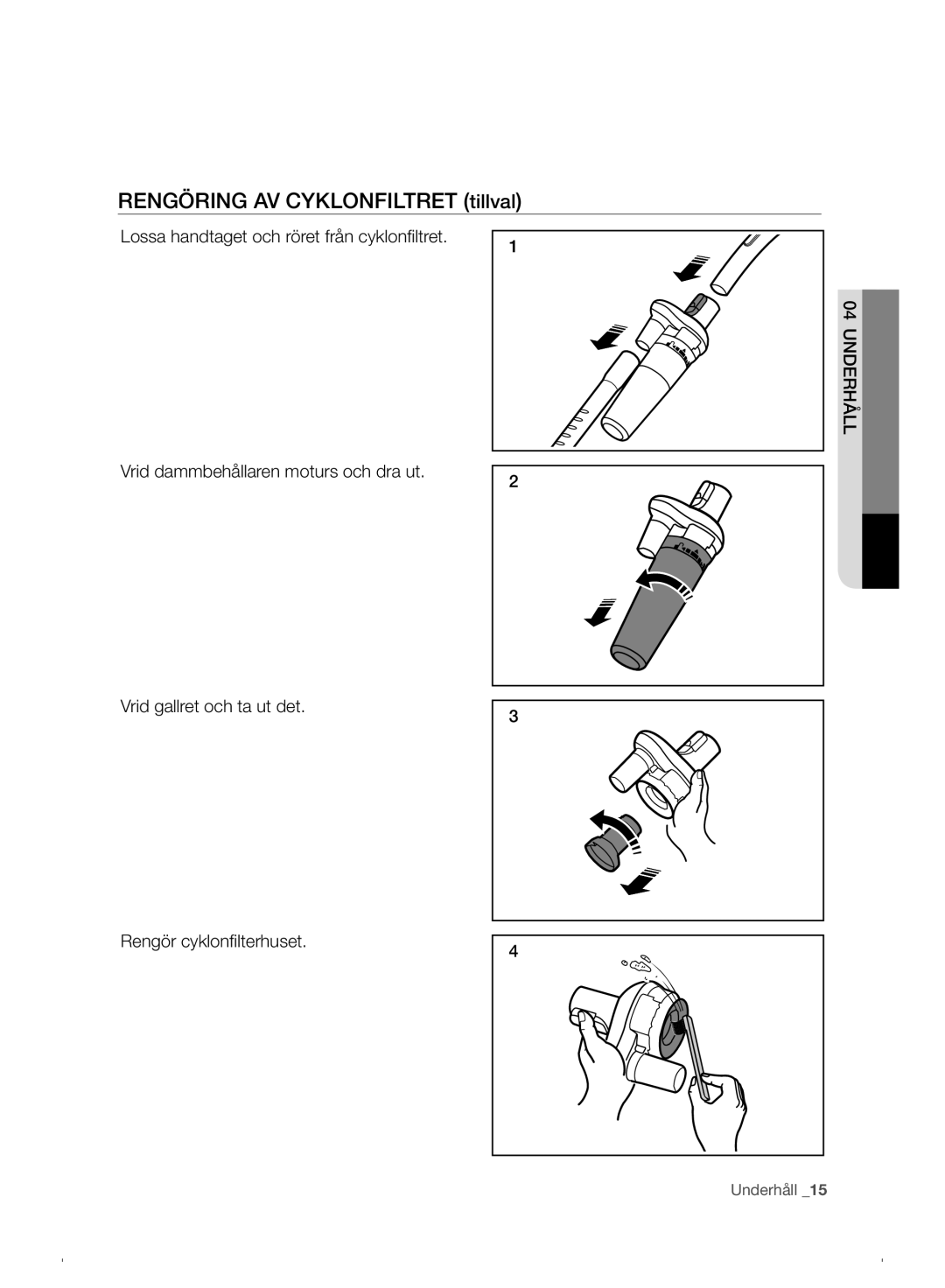 Samsung VC07F30WNHR/EE manual Rengöring AV Cyklonfiltret tillval 