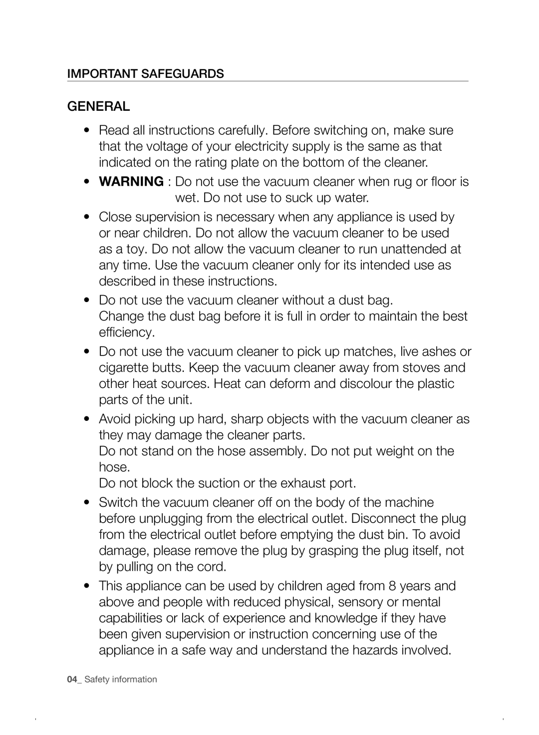 Samsung VC07F30WNHR/EE manual General, Important Safeguards 