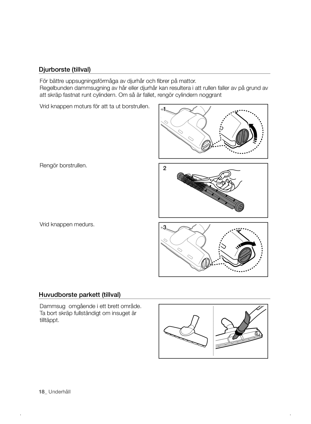 Samsung VC07F30WNHR/EE manual Djurborste tillval, Huvudborste parkett tillval 