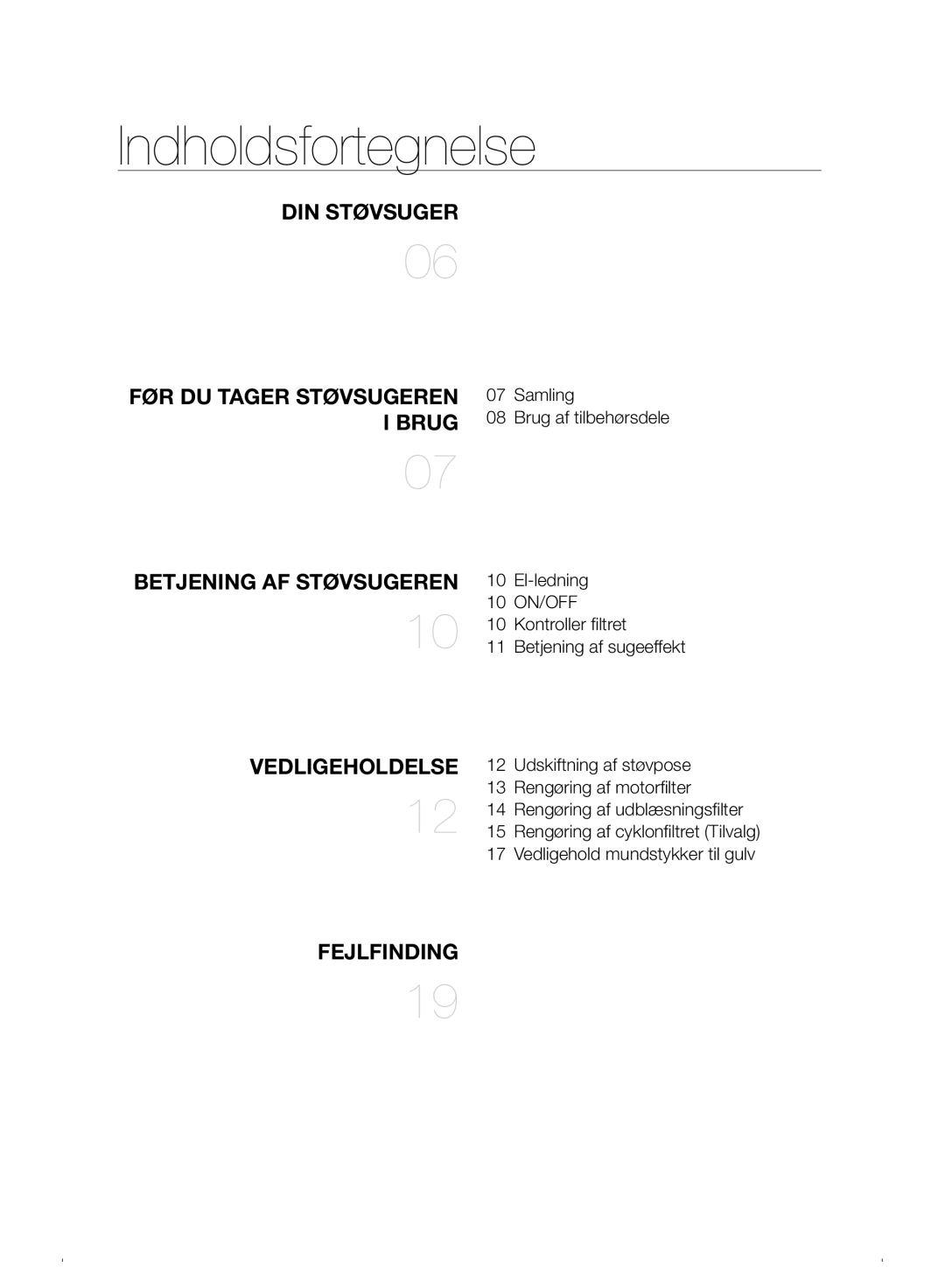 Samsung VC07F30WNHR/EE manual Indholdsfortegnelse, DIN Støvsuger 