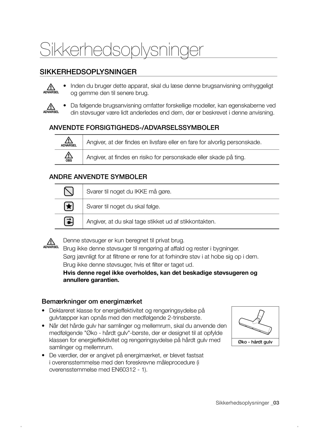 Samsung VC07F30WNHR/EE manual Sikkerhedsoplysninger, Bemærkninger om energimærket 