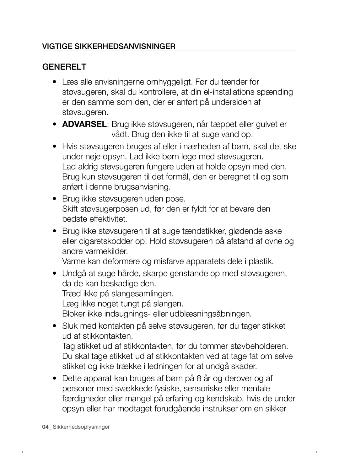 Samsung VC07F30WNHR/EE manual Generelt, Vigtige Sikkerhedsanvisninger 