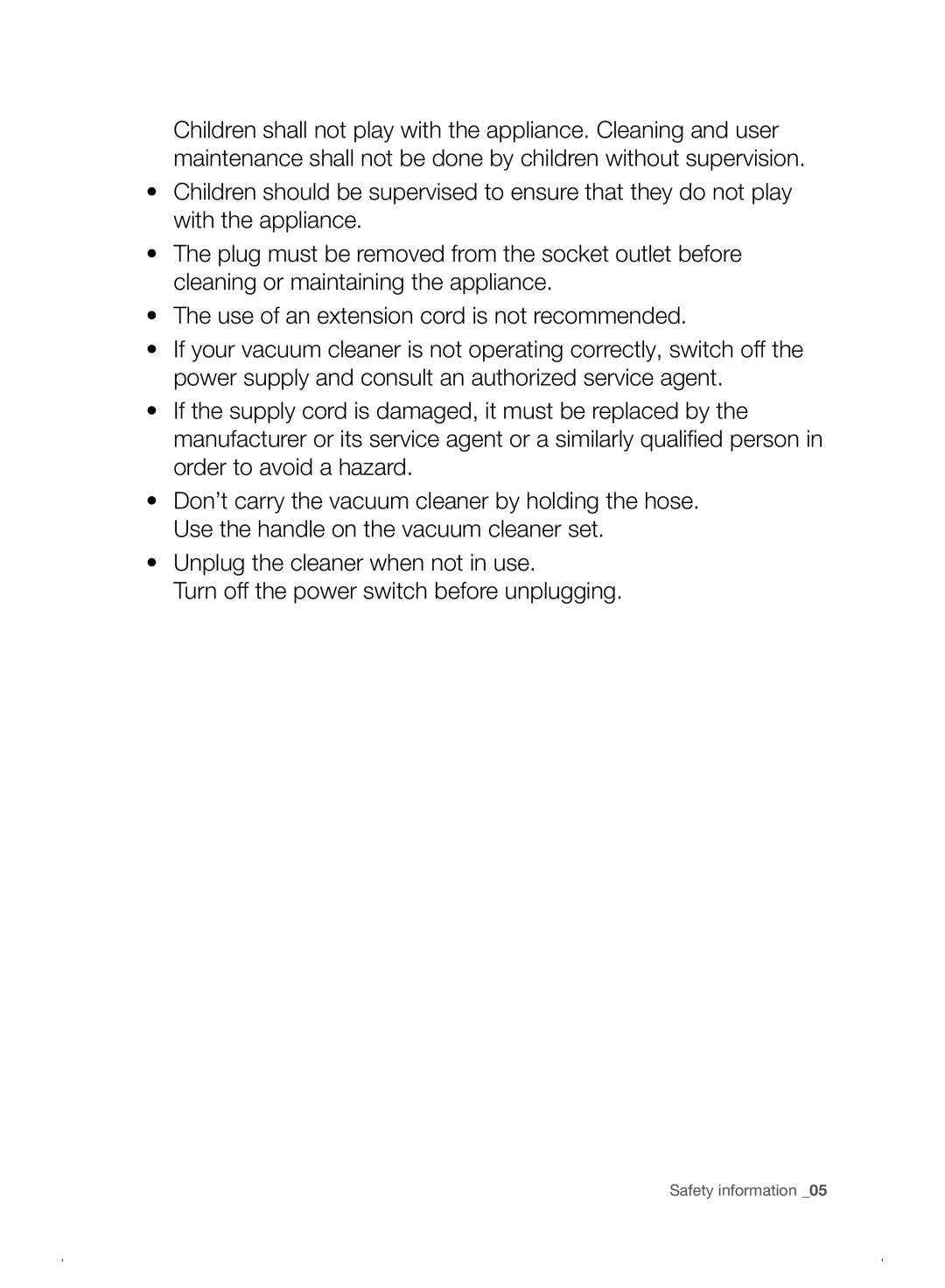 Samsung VC07F30WNHR/EE manual Safety information 