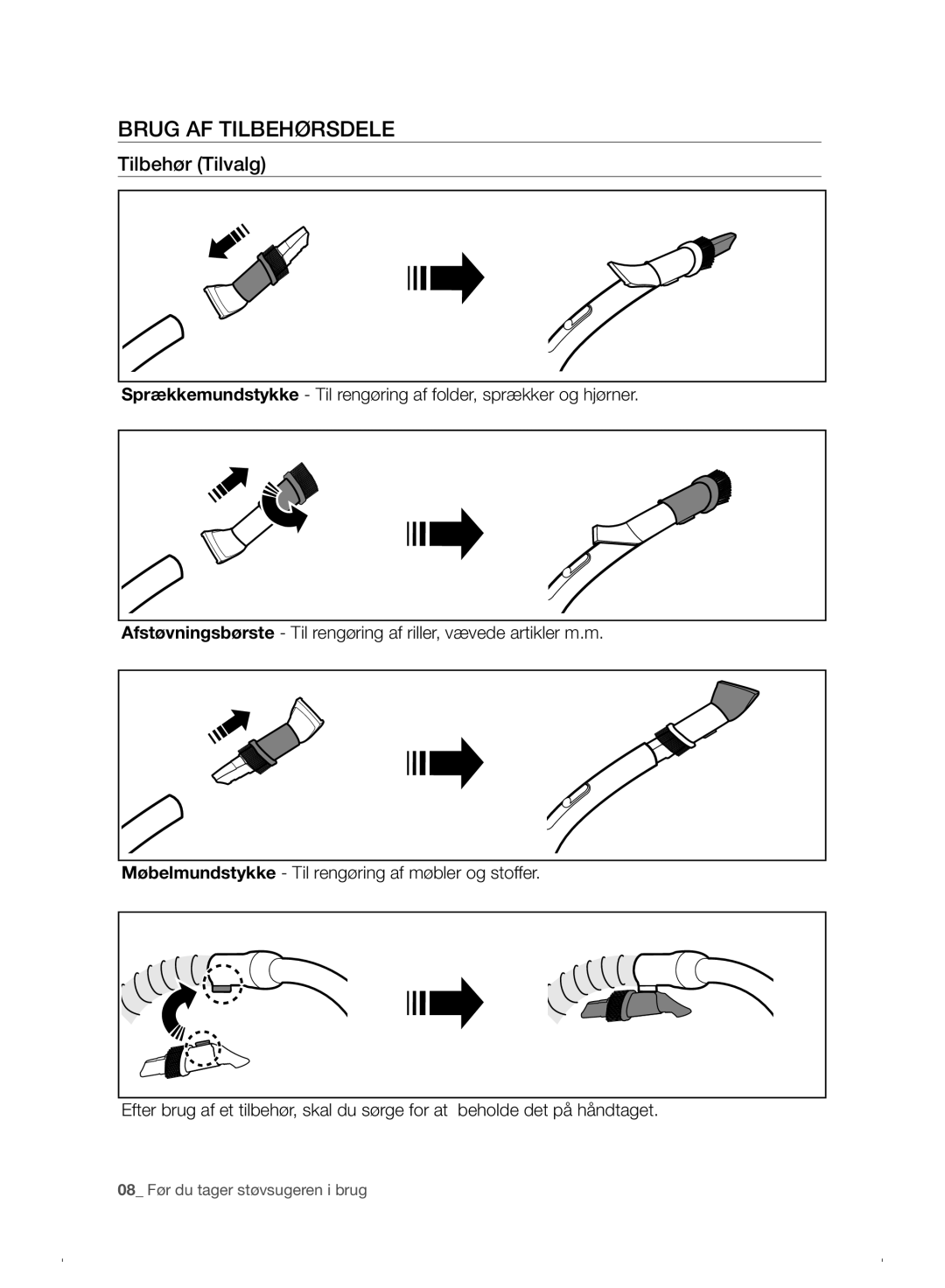 Samsung VC07F30WNHR/EE manual Brug AF Tilbehørsdele, Tilbehør Tilvalg 