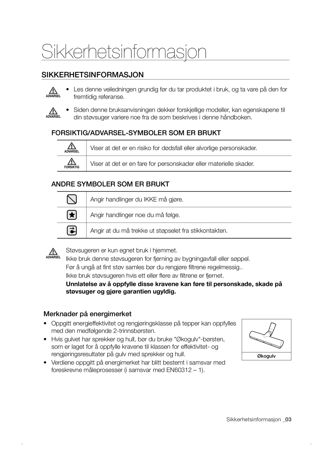 Samsung VC07F30WNHR/EE manual Sikkerhetsinformasjon, Merknader på energimerket 