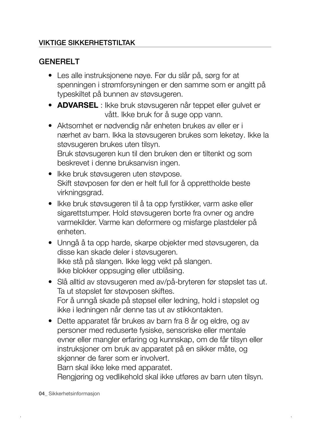 Samsung VC07F30WNHR/EE manual Viktige Sikkerhetstiltak 