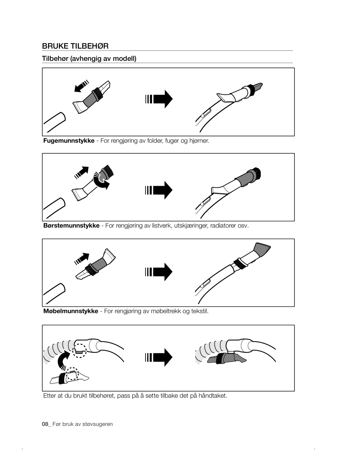 Samsung VC07F30WNHR/EE manual Bruke Tilbehør, Tilbehør avhengig av modell 