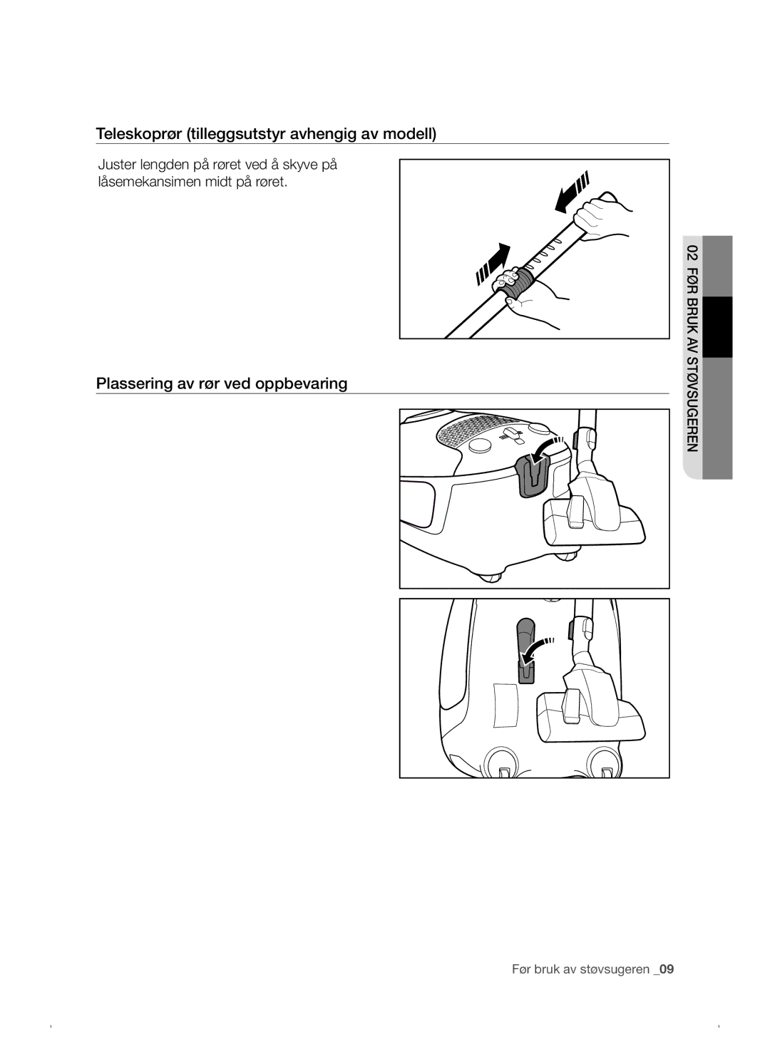 Samsung VC07F30WNHR/EE manual Teleskoprør tilleggsutstyr avhengig av modell, Plassering av rør ved oppbevaring 