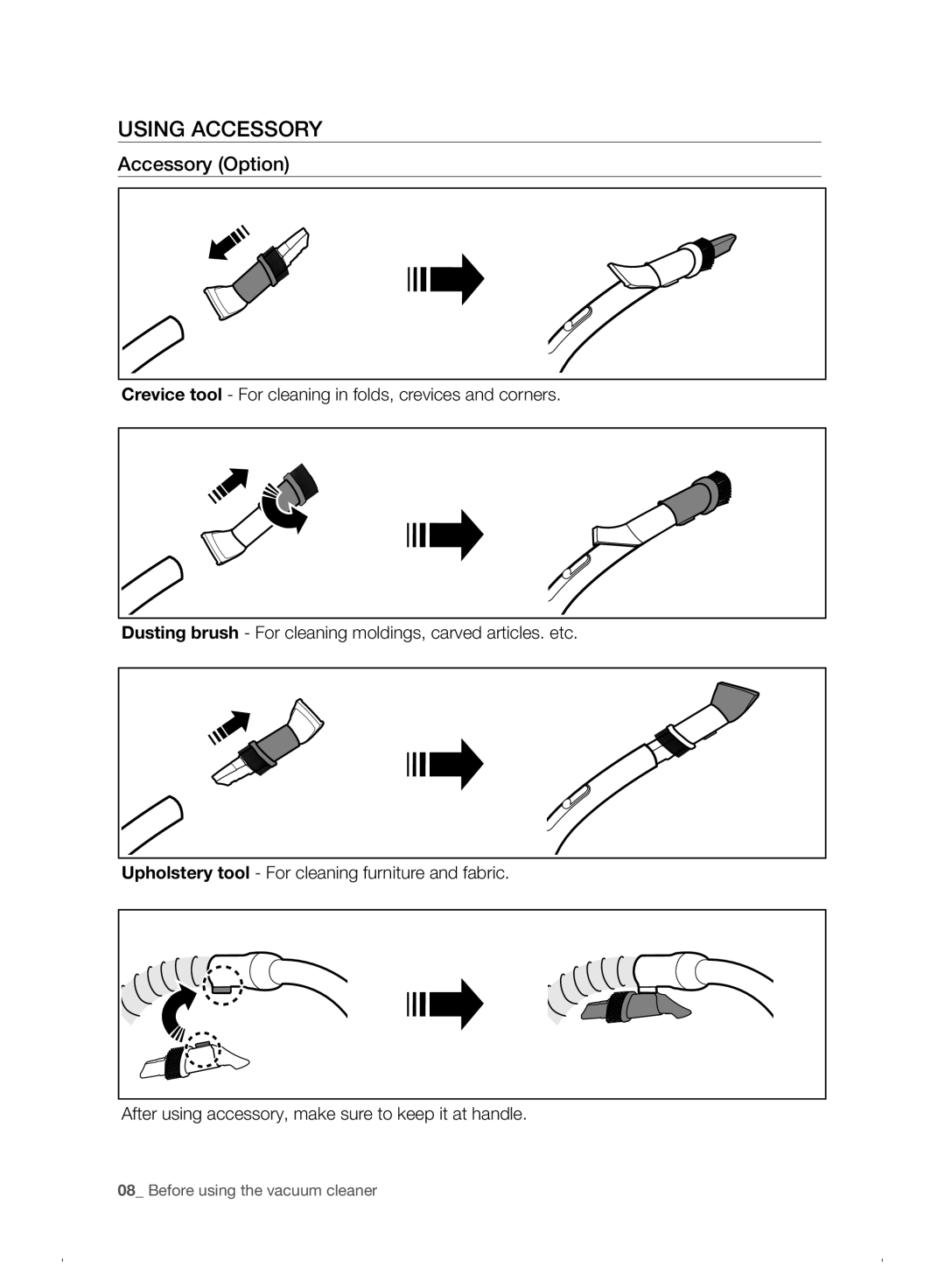 Samsung VC07F30WNHR/EE manual Using Accessory, Accessory Option 